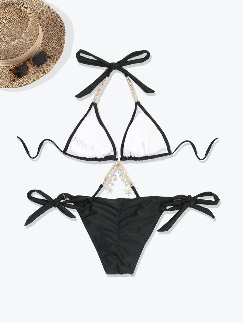 Two-Piece Set Women's Rhinestones Decor Chain Bikini Set, Halter Bikini Swimsuit, Summer Outfits 2024, Elegant Casual Tie Back Swim Bra & Tie Side Swim Bottom Set, Women's Summer Swimwear for Beach Holiday Vacation