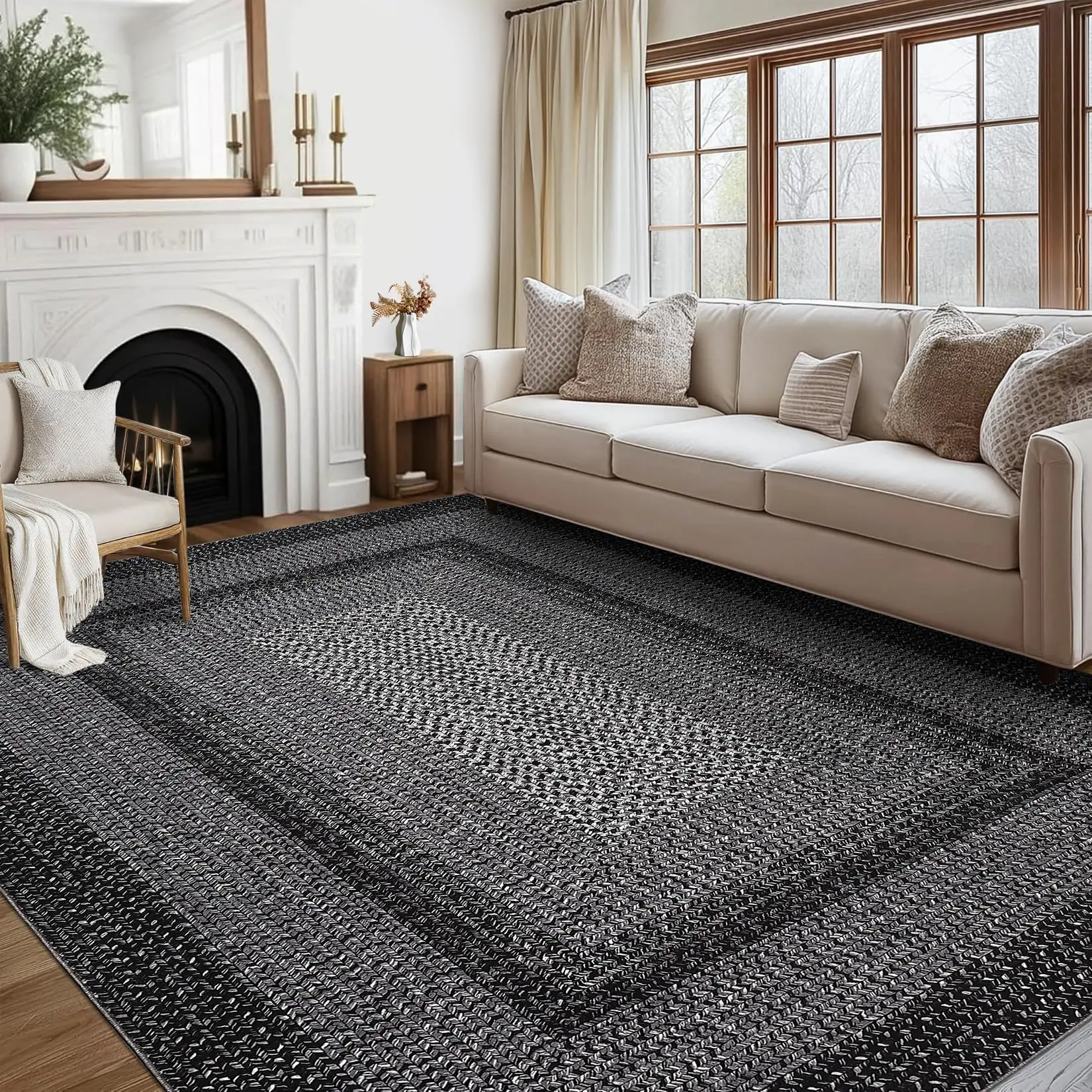 Garvee Braided Collection Area Rug 5x7 Modern Rug Washable Rugs Navy Vintage Country Cottage Floor Carpet Low Pile Non Slip Indoor Throw Carpet for Living Room Bedroom Non-Shedding Aesthetic Charcoal