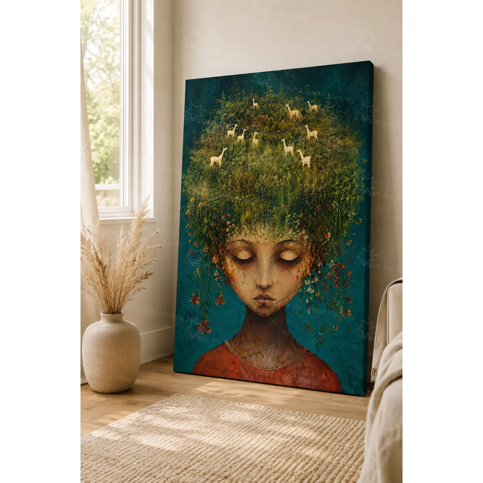 1pc Vintage Antique Forest Spirit Girl Poster - Decorative Green Floral Hair, White Deer, Textured Teal Background Artwork Painting, Surreal Nature Home Decor for Living Room, Bedroom, Gift Option