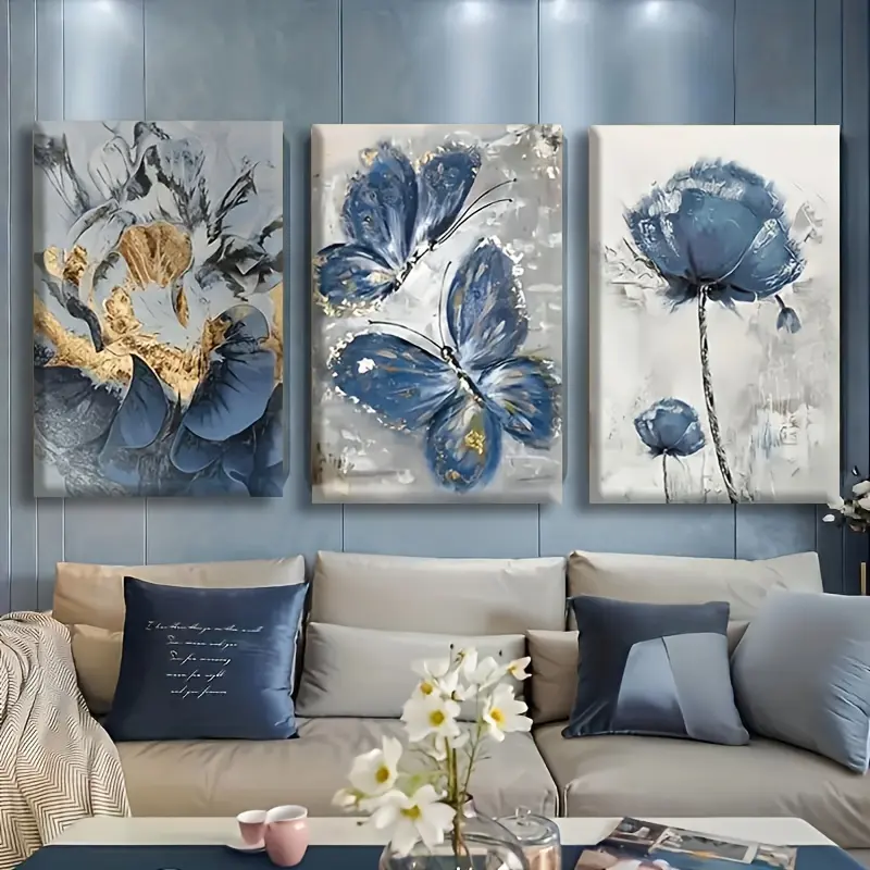 3-Piece Framed Blue Butterfly Floral Canvas Wall Art, Elegant Unisex Home Decor Poster for Bedroom, Living Room Holiday Interior Decoration, Wall decor