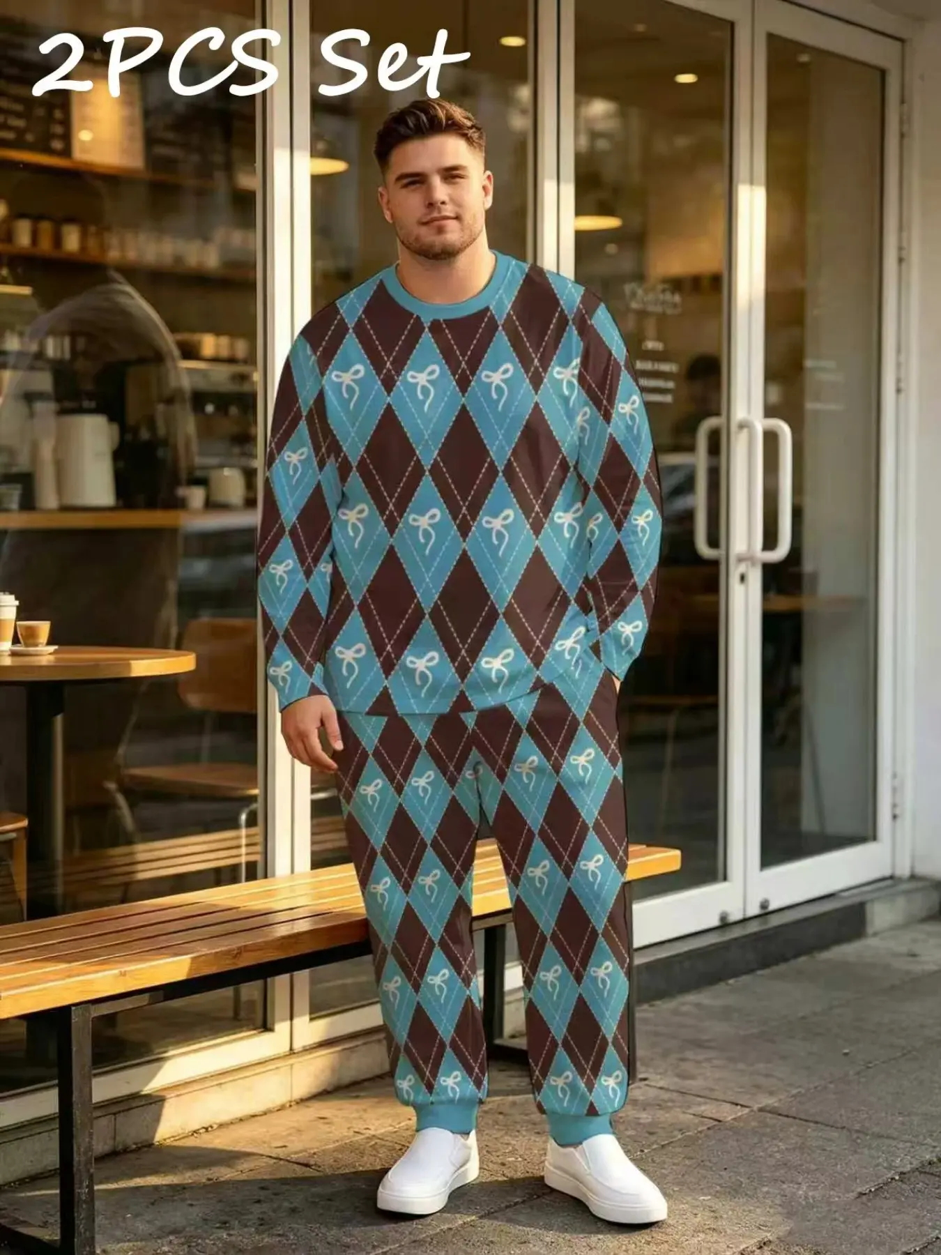 Men's Blue Houndstooth Butterfly Knot Full Print Long Sleeve Sweatpants Set, Round Neck Long Sleeve Top, Loose Fit Casual Two-Piece Set