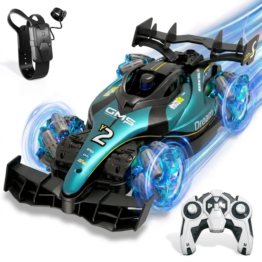 Gesture & Remote Control Mecanum Wheel RC Stunt Drift Car, 2.4GHz 4WD Spray Racing Car with LED Lights & Music, 360° Side Slide Multi-Terrain Toy Car, Remote Control Model, Birthday Christmas Gift for Boys Kids Ages 8+
