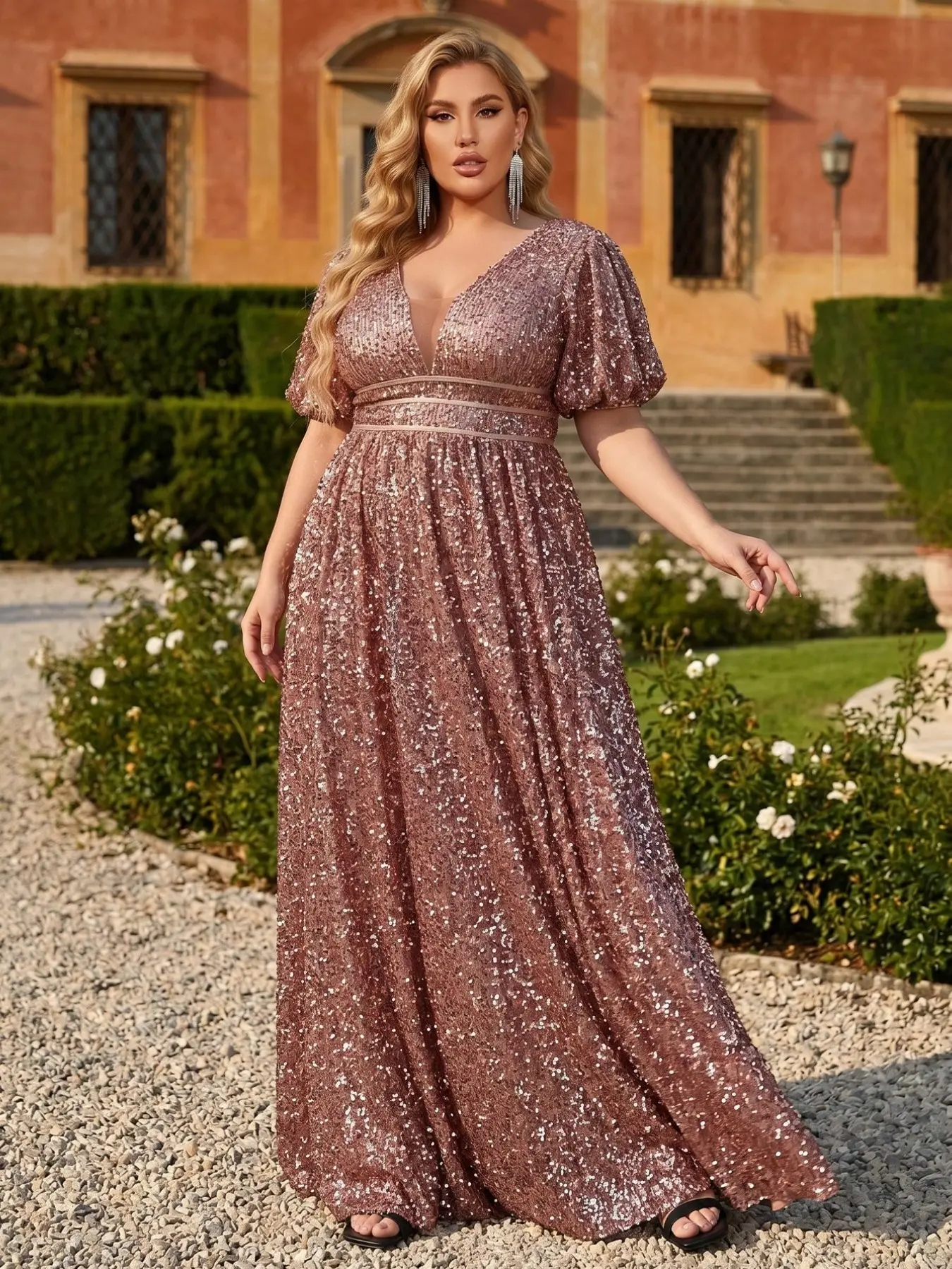 Elegant V-Neck Bubble Short Sleeve Sequin Dress, Waist Cinched Floor-Length Gown, Plus Size Bridal Shower Dress for Weddings and Events