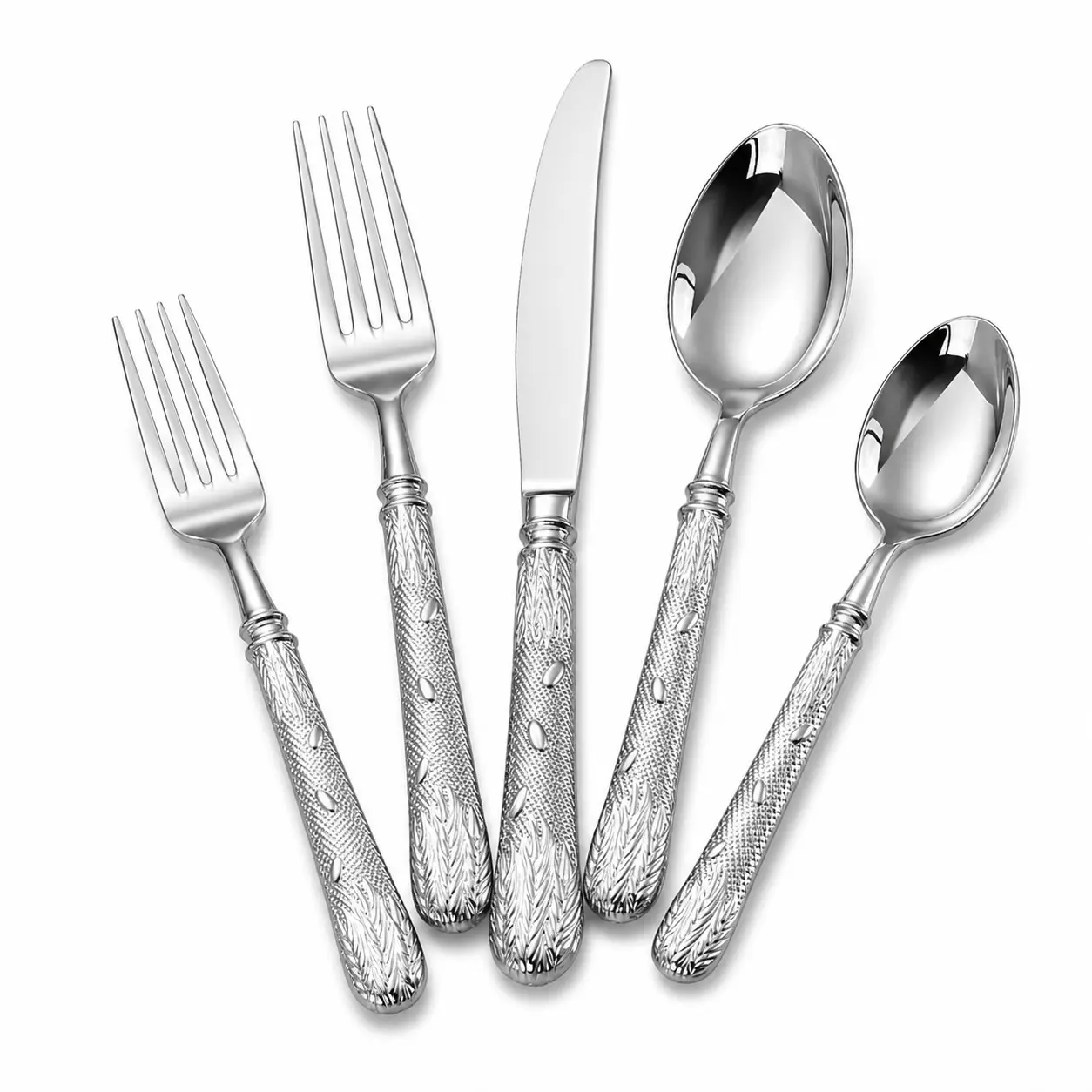 304 Stainless Steel Wheat Pattern Five-Piece Cutlery Set, Dishwasher Safe, Includes Dinner Knife, Fork, Small Fork, Spoon, Small Spoon