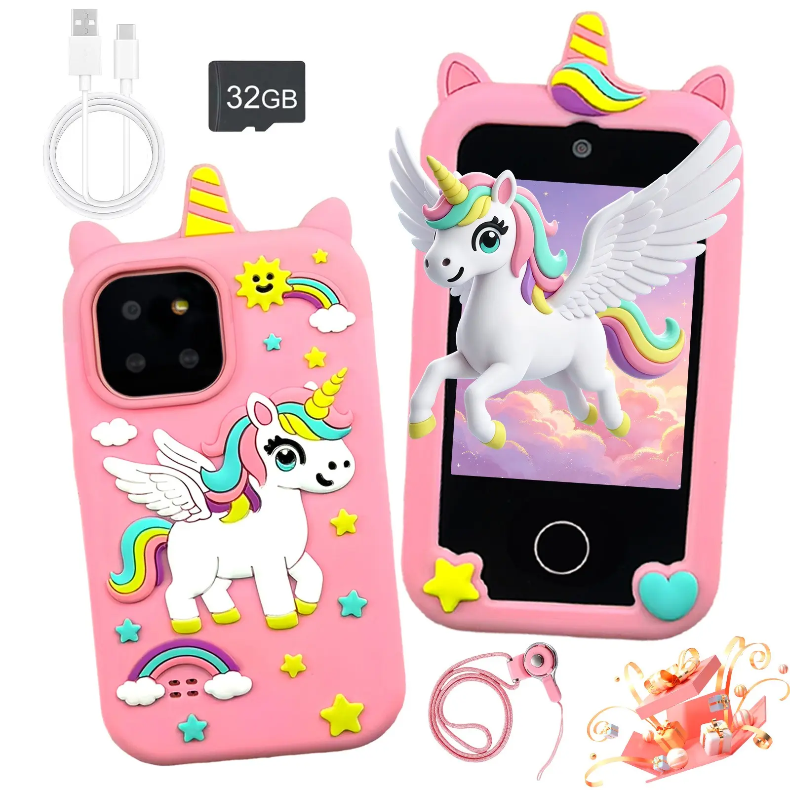 Kids Learning Toy Phone Portable Handheld With 2.8 Inch Touch Screen Dual Cameras Cute Dinosaur Unicorn Pattern Fun Educational Games Photo Camera Gift For Kindergarten Boy Boys Girls Ages 3-12