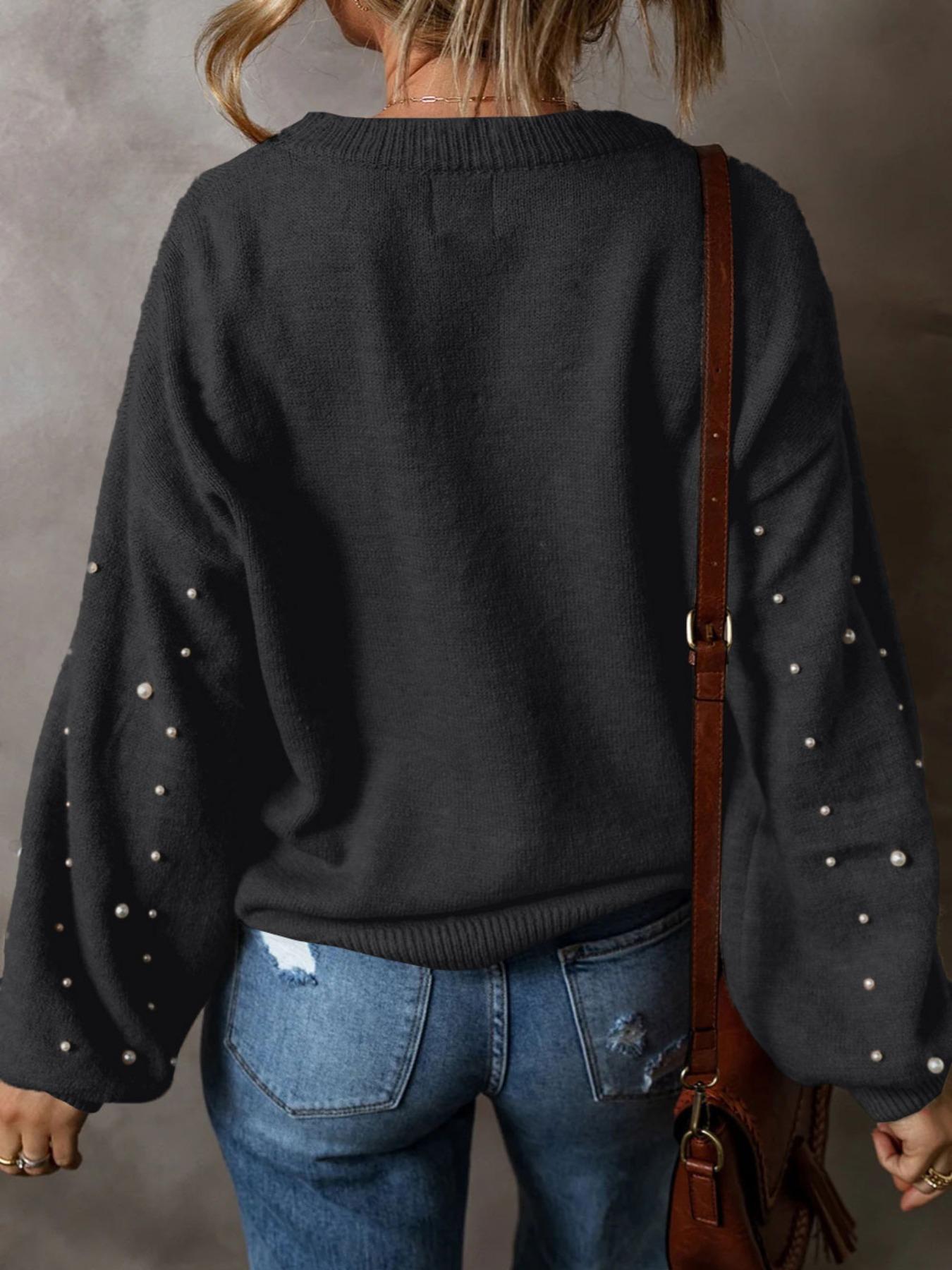 Women's Faux Pearl Decor Drop Shoulder Sweater, Casual Basic Aesthetic Chic Long Sleeve Round Neck Jumper for Fall & Winter, Fashion Ladies' Knitwear for Daily Wear, Fall Womenswear