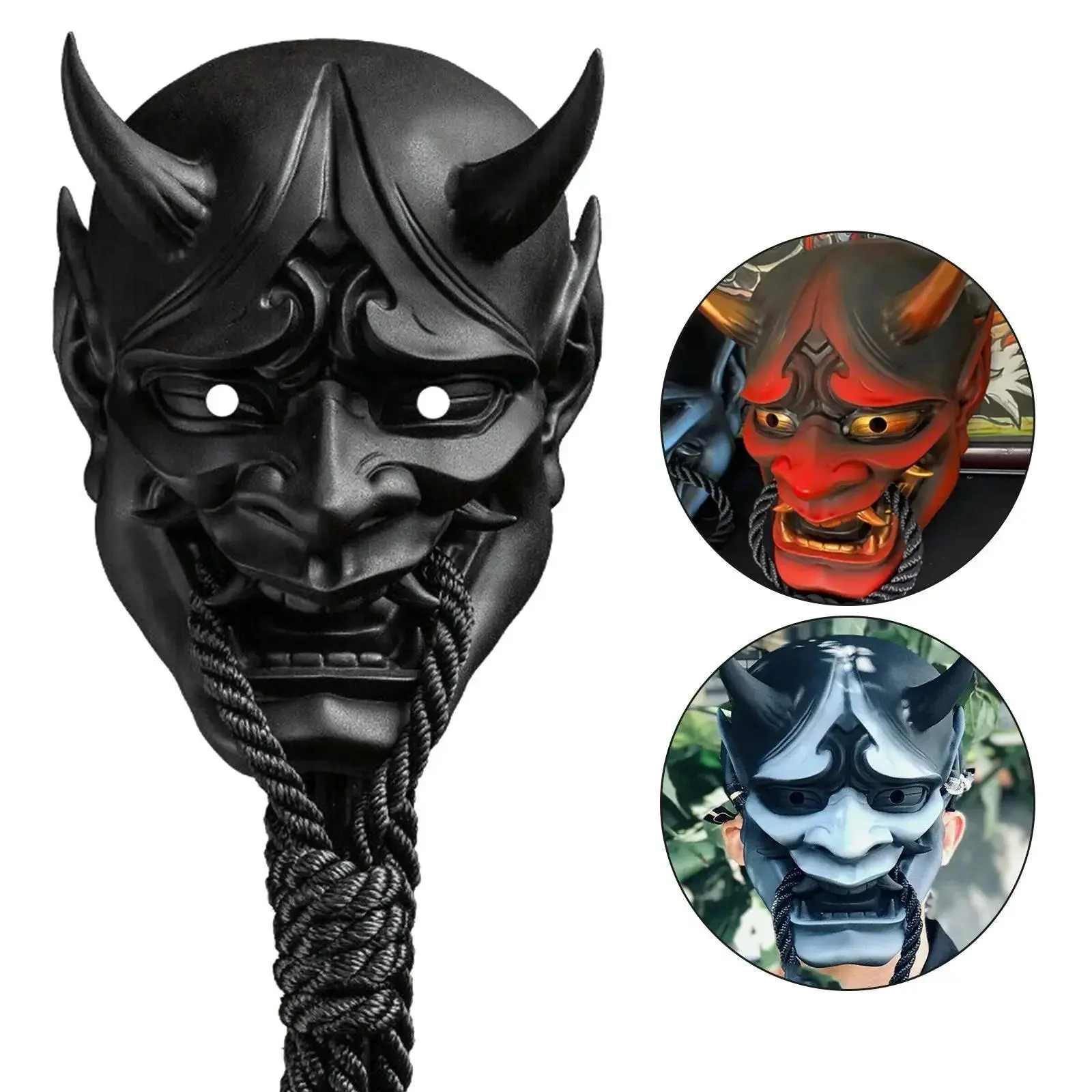 Fashion Unisex Adult Full Face Mask Accessory - Japanese Noh Kabuki Hannya Prajna Oni Demon Samurai Design, Sealed, 1 Size, Black/Blue/Red - for Halloween, Christmas, Decorative Use