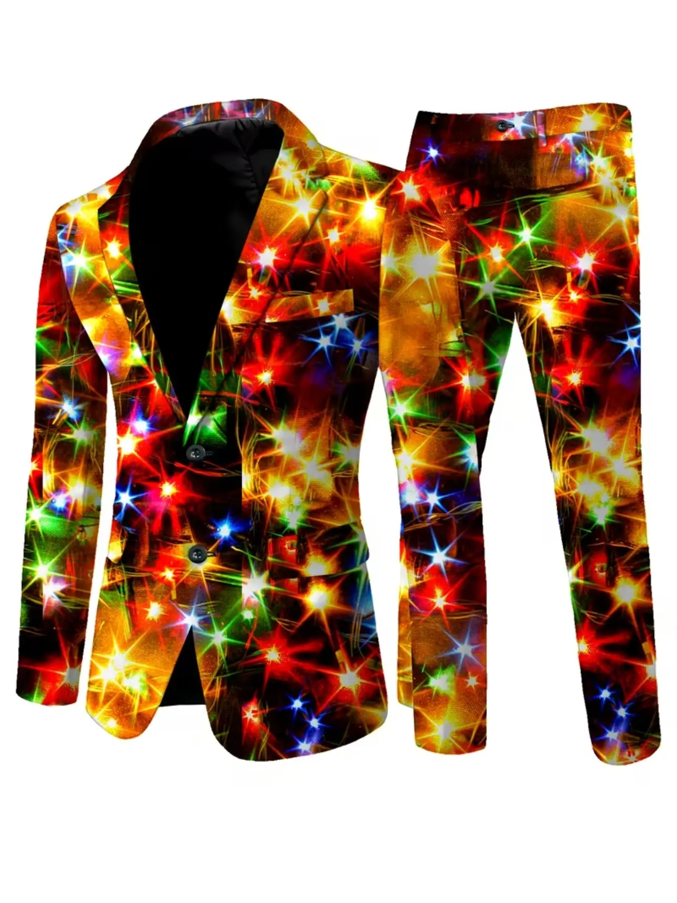 Men's Two-Piece Christmas Light Print Blazer Set, Slim-Fit Long Sleeve Jacket with Pants, Casual Party for All Seasons