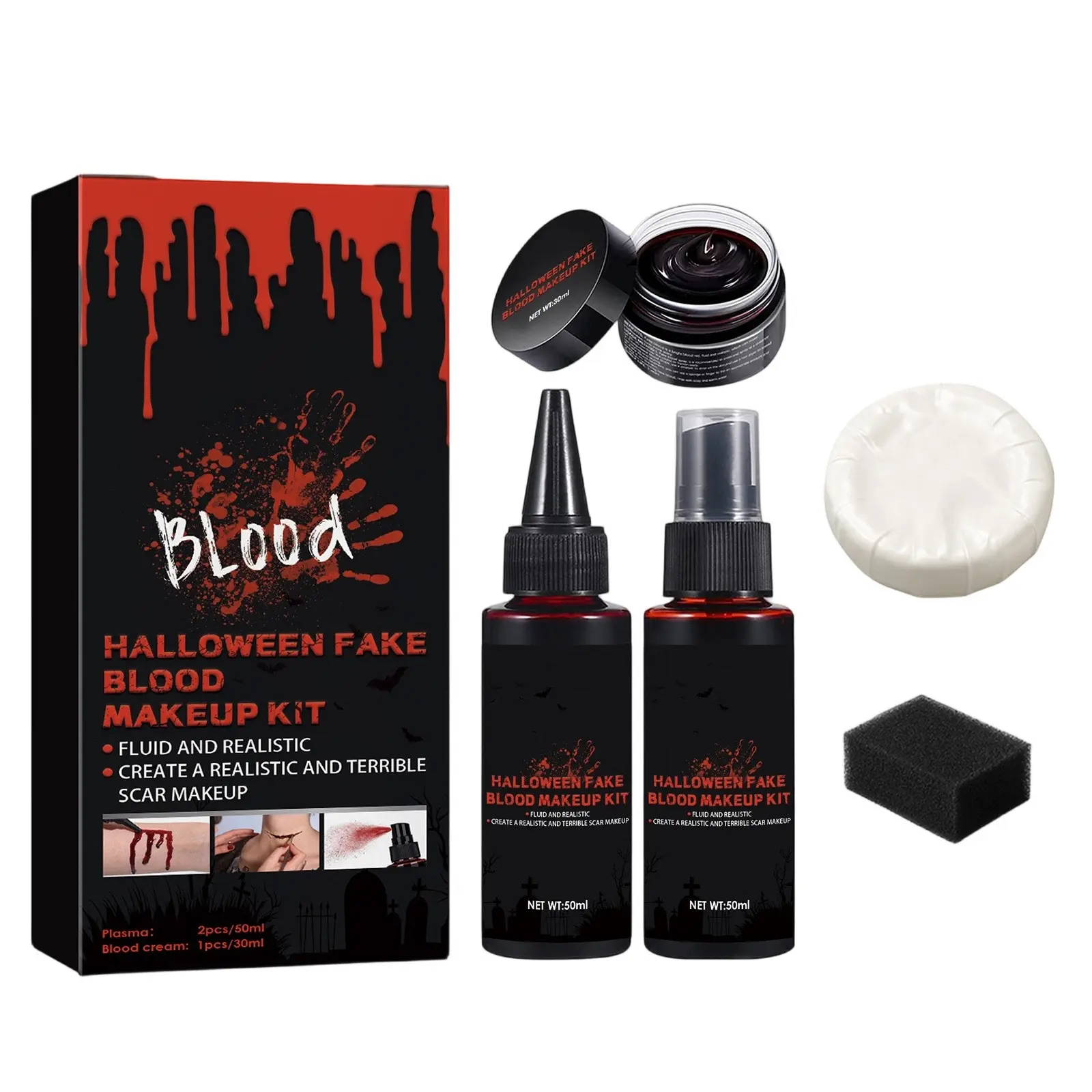 5PCS Fake Blood Halloween Makeup Kit - Coagulated Blood, Fake Blood Spray, Dripping Blood, Realistic Washable SFX Makeup for Zombie, Vampire, and Monster Costumes