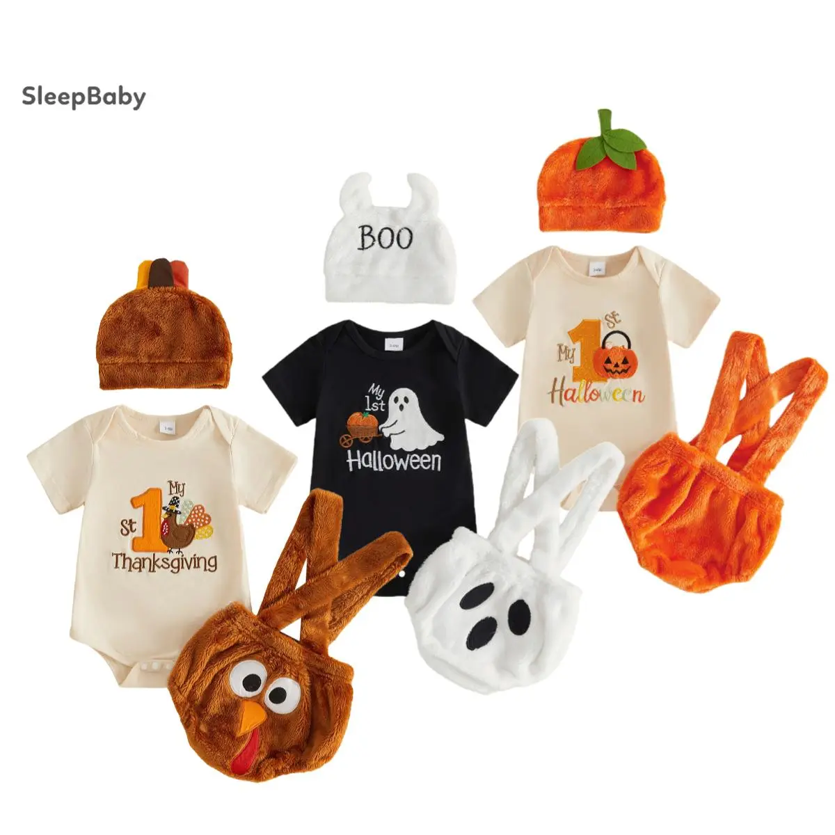 Infant 3-Piece Holiday Wear Set - Short Sleeve Tops, Cotton Blend 1st Halloween/Thanksgiving Bodysuit with Fuzzy Hat, Suspender Shorts & Ghost Turkey Embroidery Baby Costume Gift Set