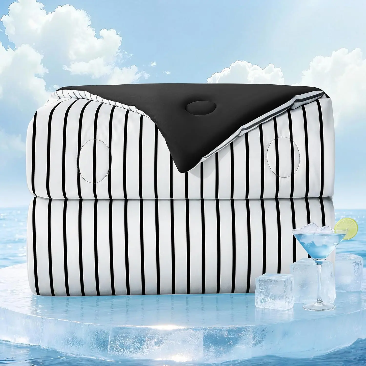 Striped Cooling Comforter  Size, Q-Max 0.45 Reversible Cooling Blanket for Hot Sleepers, Breathable Lightweight Silk Smooth Summer Bedding, Quilted Ice Blanket, Black