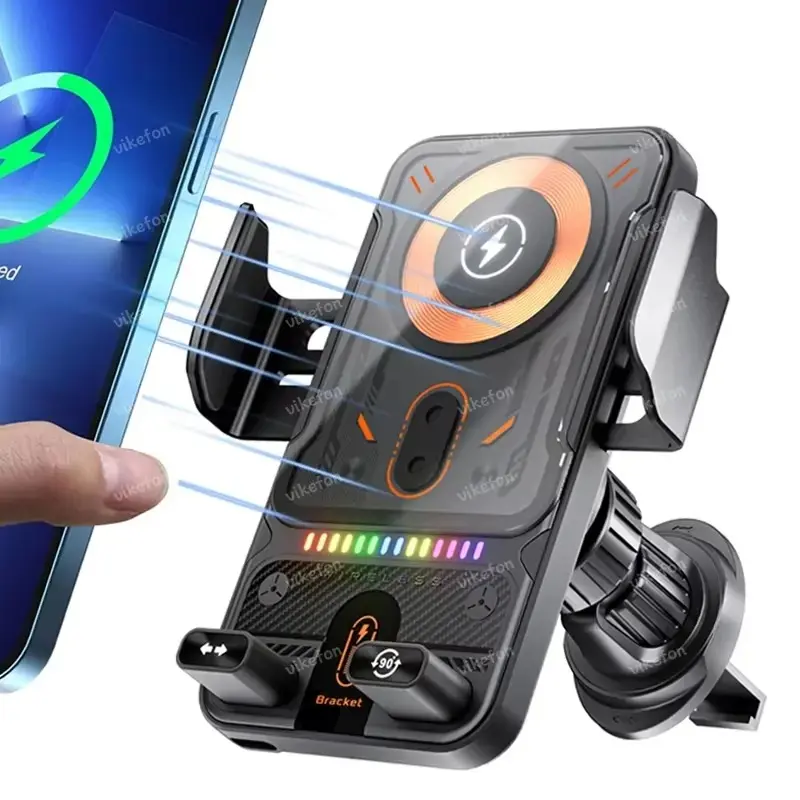 2026 Magnetic 15W Rotating Wireless Charging Car Charger, 360 Rotation Multi-Angle Adjustable Auto-Clamping Phone Holder with RGB Ambient Light, Touch Control Fast Charging Car Mount Compatible with iPhone Samsung