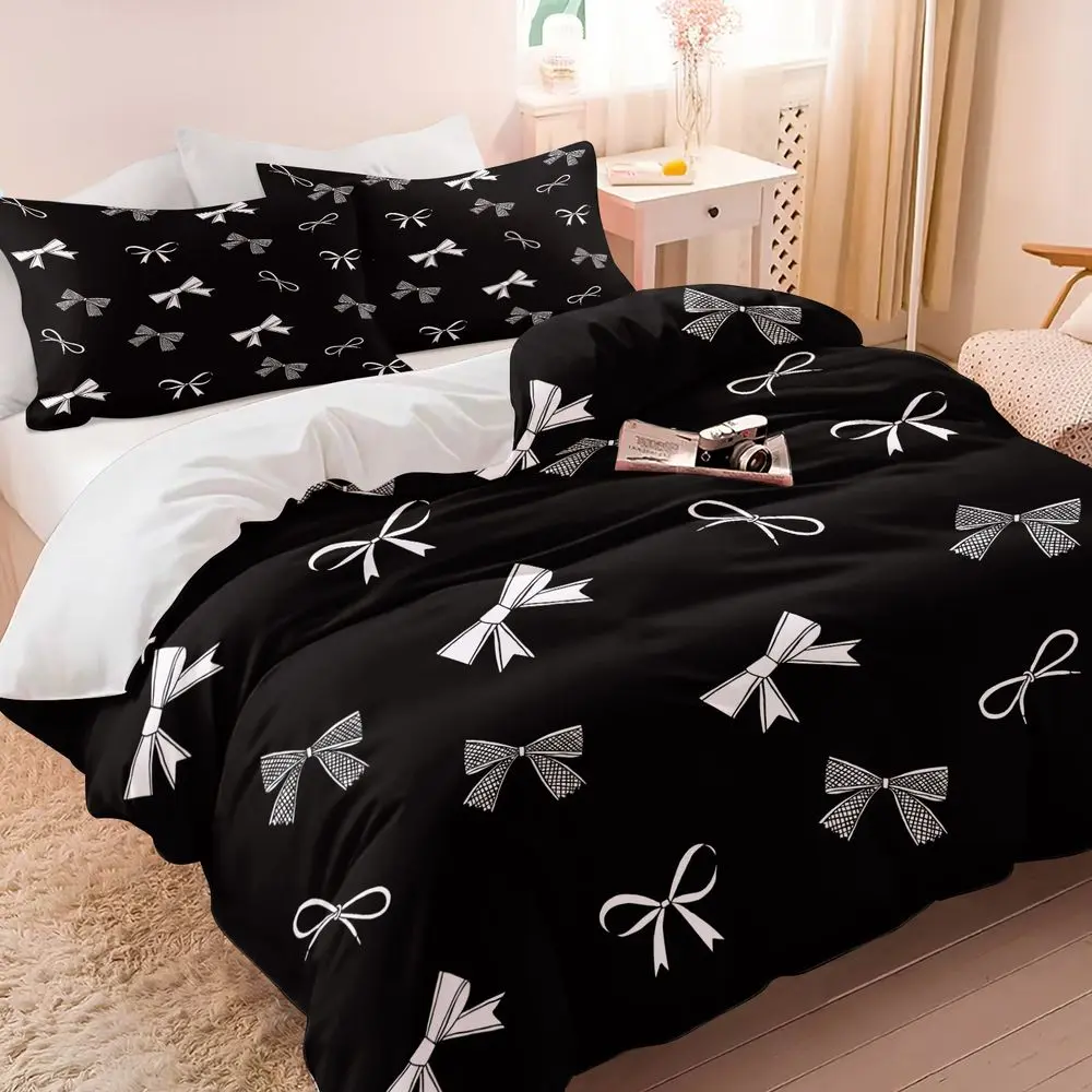 Coquette Aesthetic Bow Print Duvet Cover Set 2/3 Pcs Soft Microfiber Bedding Set with 1 Duvet Cover & 1/2 Pillowcases Dark Academia Room Decor for Girls Teens Bedroom - No Filling