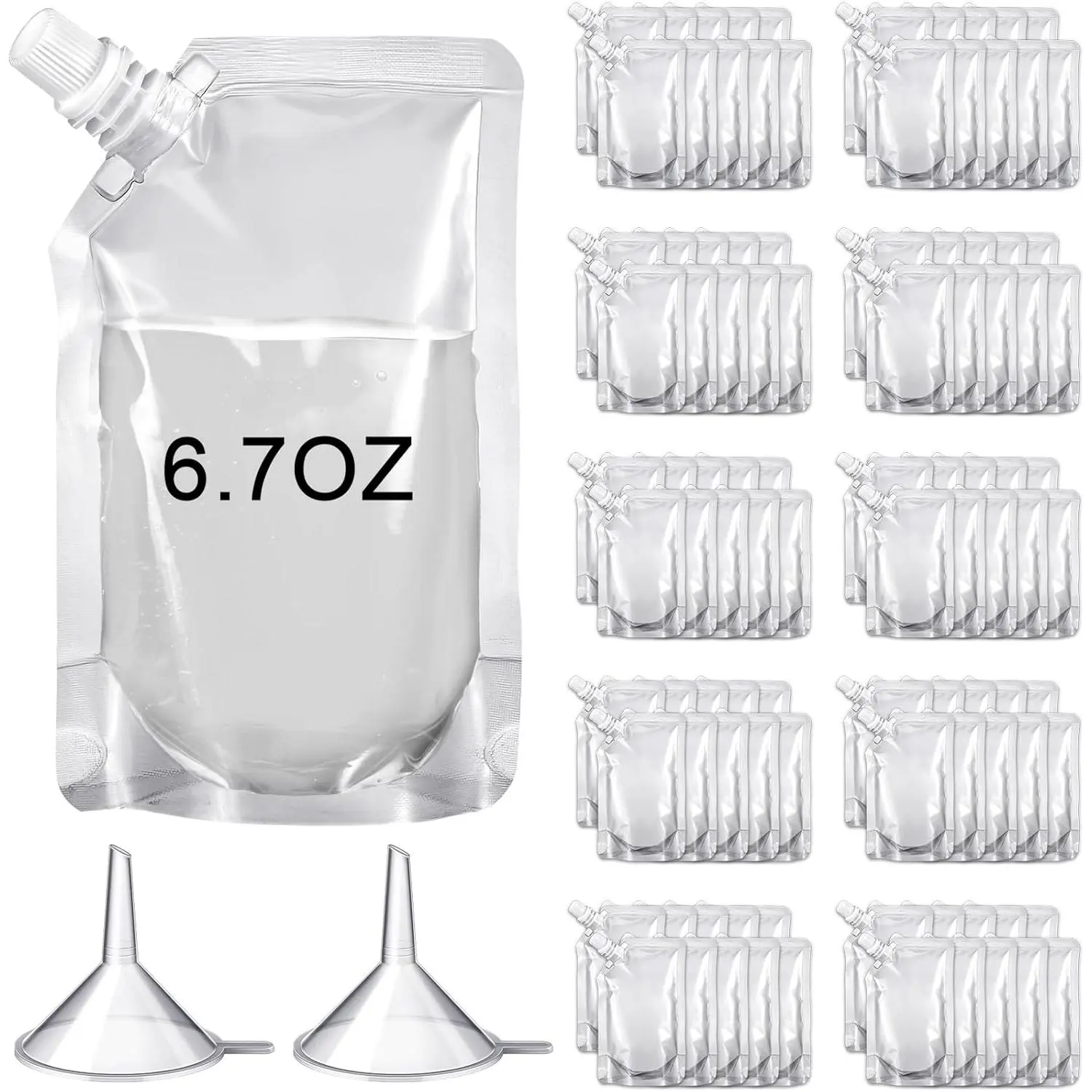 100 count Plastic Pouches Bulk  Squeeze Pouches Clear Plastic Juice Leak Proof Bags with Funnel for Party Favors Supplies(6.7 oz,Inclined Mouth)