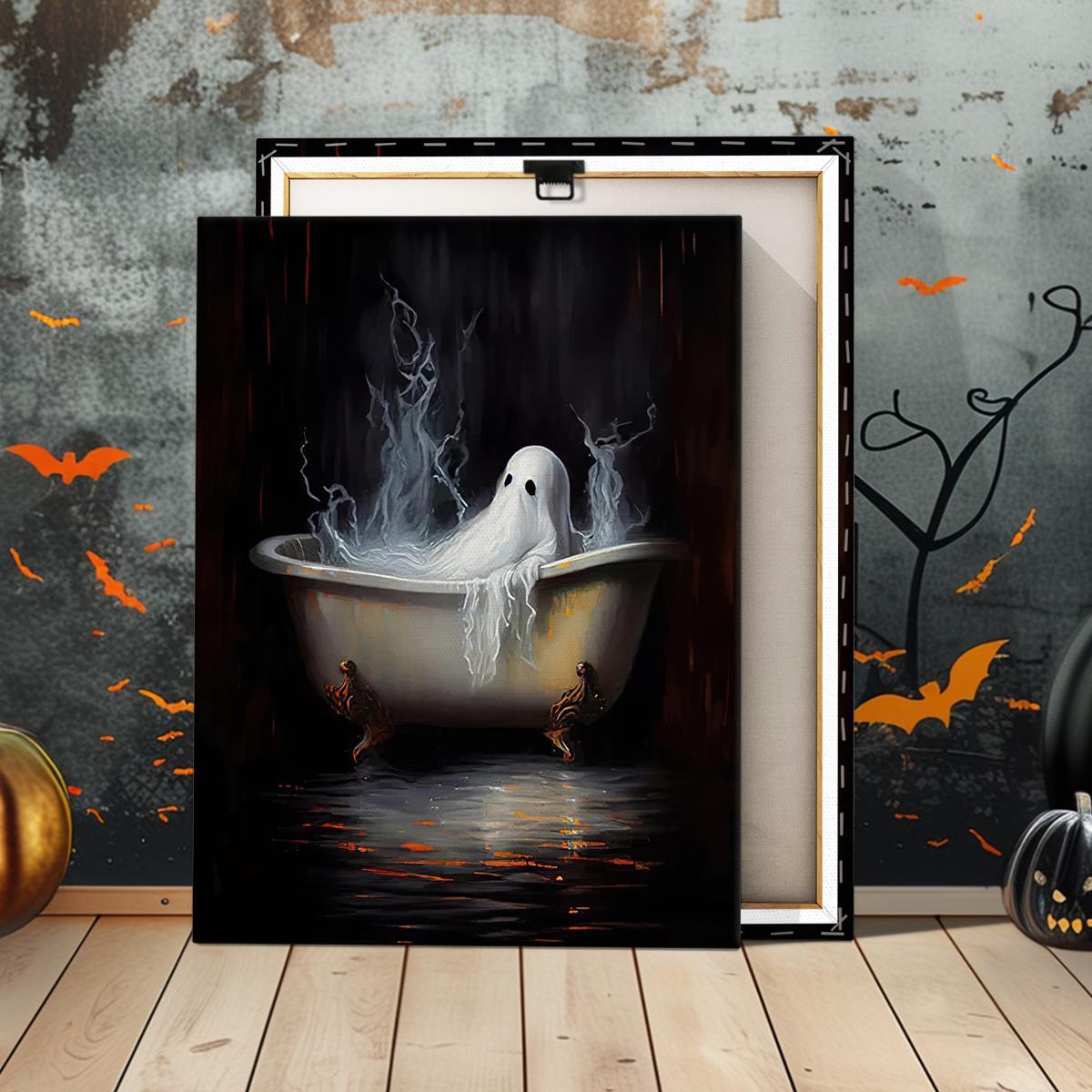 Ghost in The Bathtub Pattern Canvas Painting Framed, 1 Count Halloween Themed Modern Wall Art Painting, Wall Art Decor for Home Living Room Bedroom Office