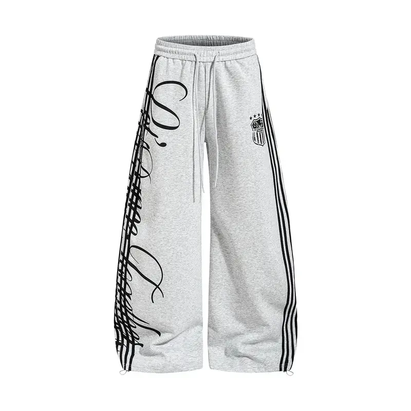Unisex Handwritten Script Tape Patch Embroidery Sweatpants, Relaxed Fit Casual Jogger Pants with Streetwear Style