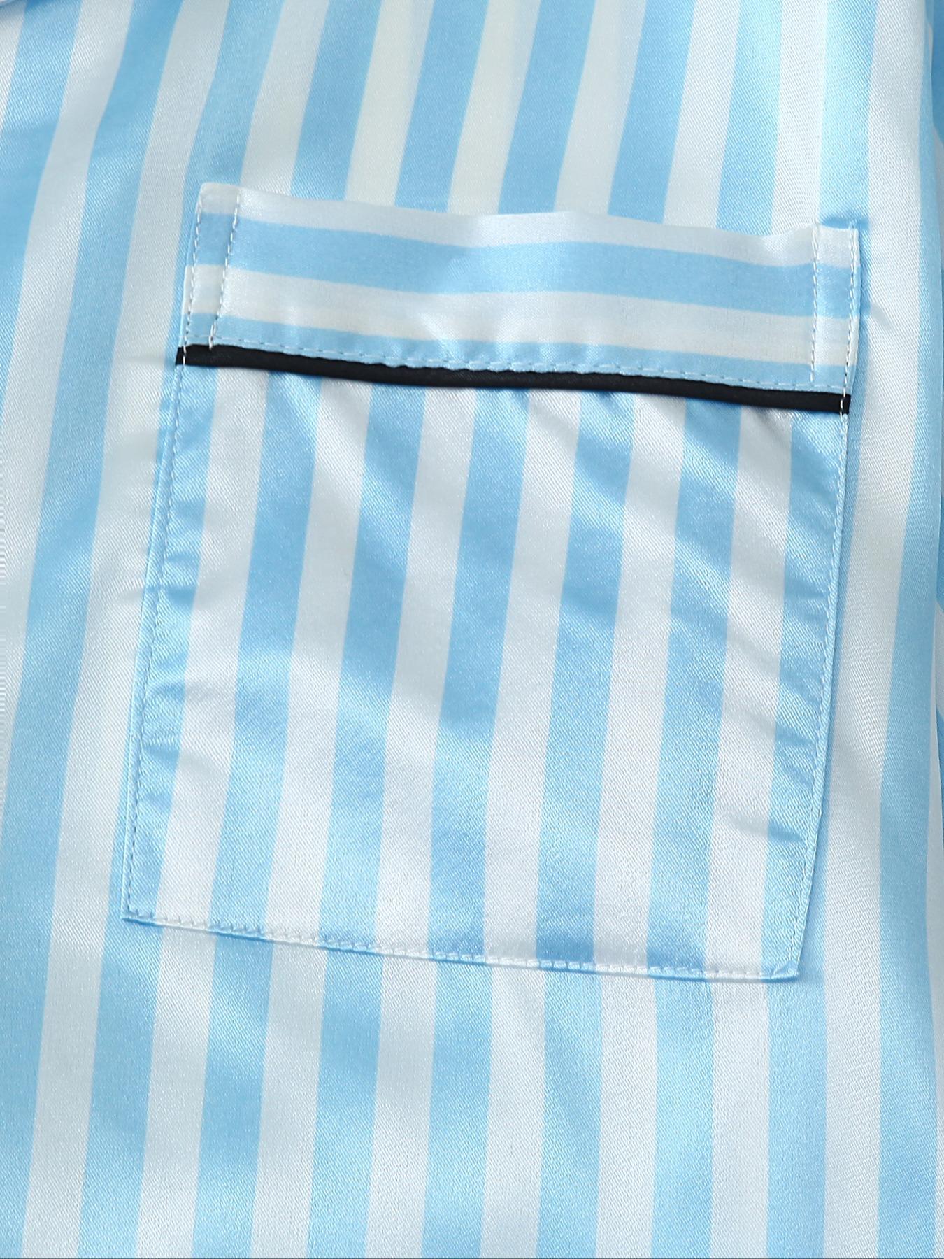 Two-Piece Set Women's Striped Print Lapel Neck Pocket Shirt & Bow Decor Pants Satin Pyjama, Long Sleeve Button Up Top & Trousers PJ Set, Women's Sleepwear for Spring & Fall