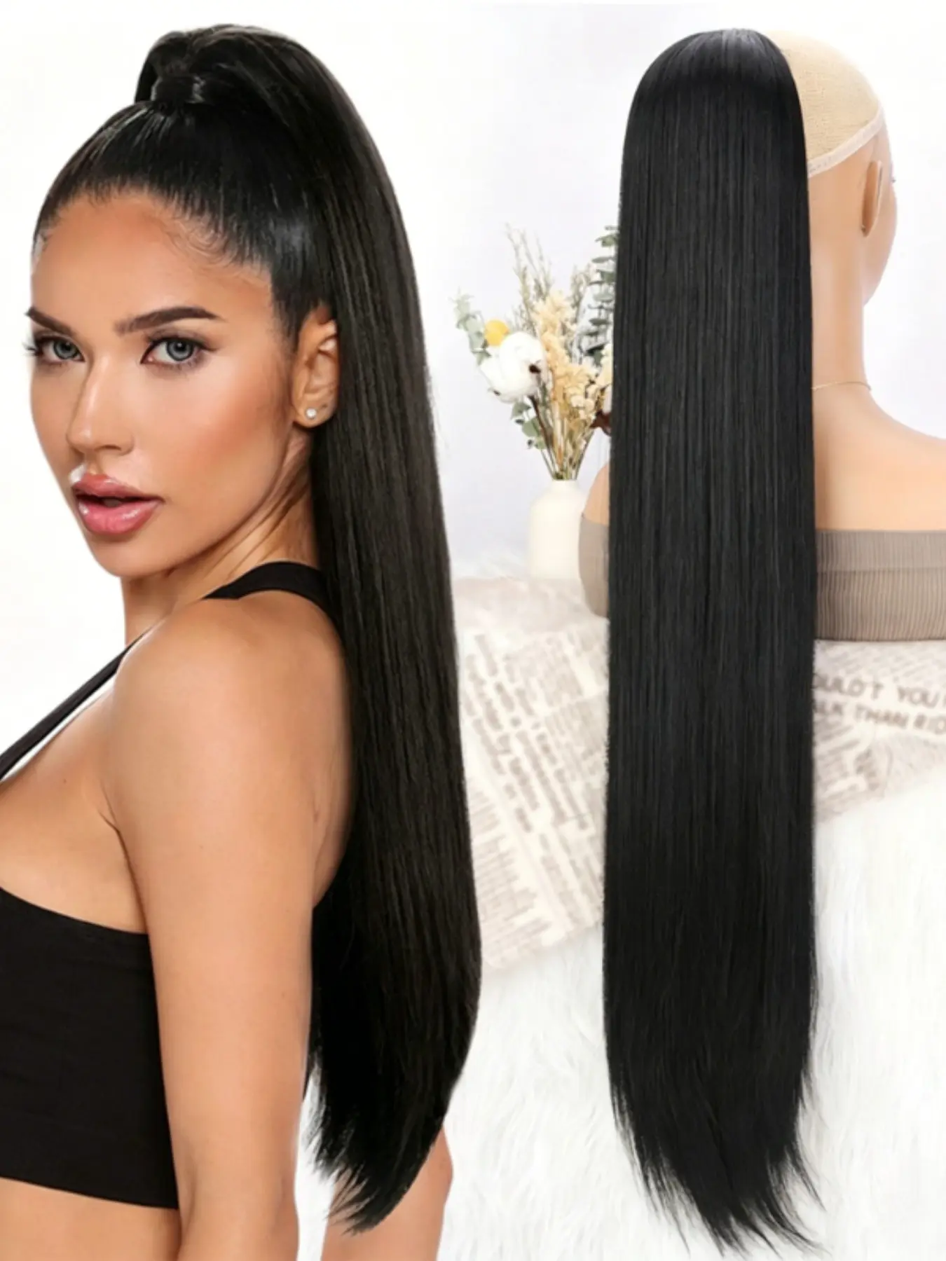 30-Inch Drawstring Ponytail Elastic Net Hairpiece, One-Piece Long Straight Hair Extension, Synthetic Fiber Material, Ideal for Daily Use