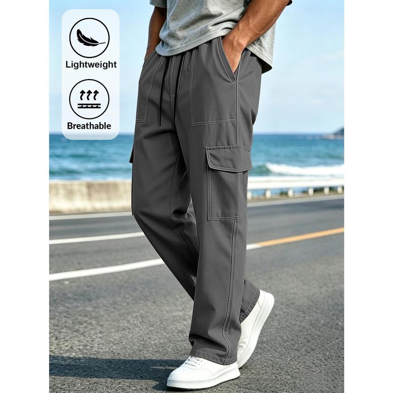 Men's Plain Casual Work Joggers - Fashionable Line Design, Multi Pockets, Full Length, Machine Washable, Suitable for Street Wear & Daily Wear, Ideal Gifts