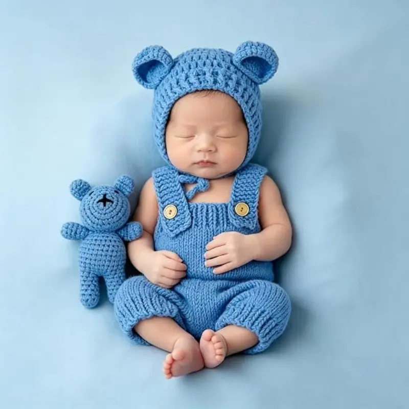 Newborn Photography Outfits for Boys Girls, 3PCS Hand Knitted Baby Bear Romper Set, Newborn Photo Props