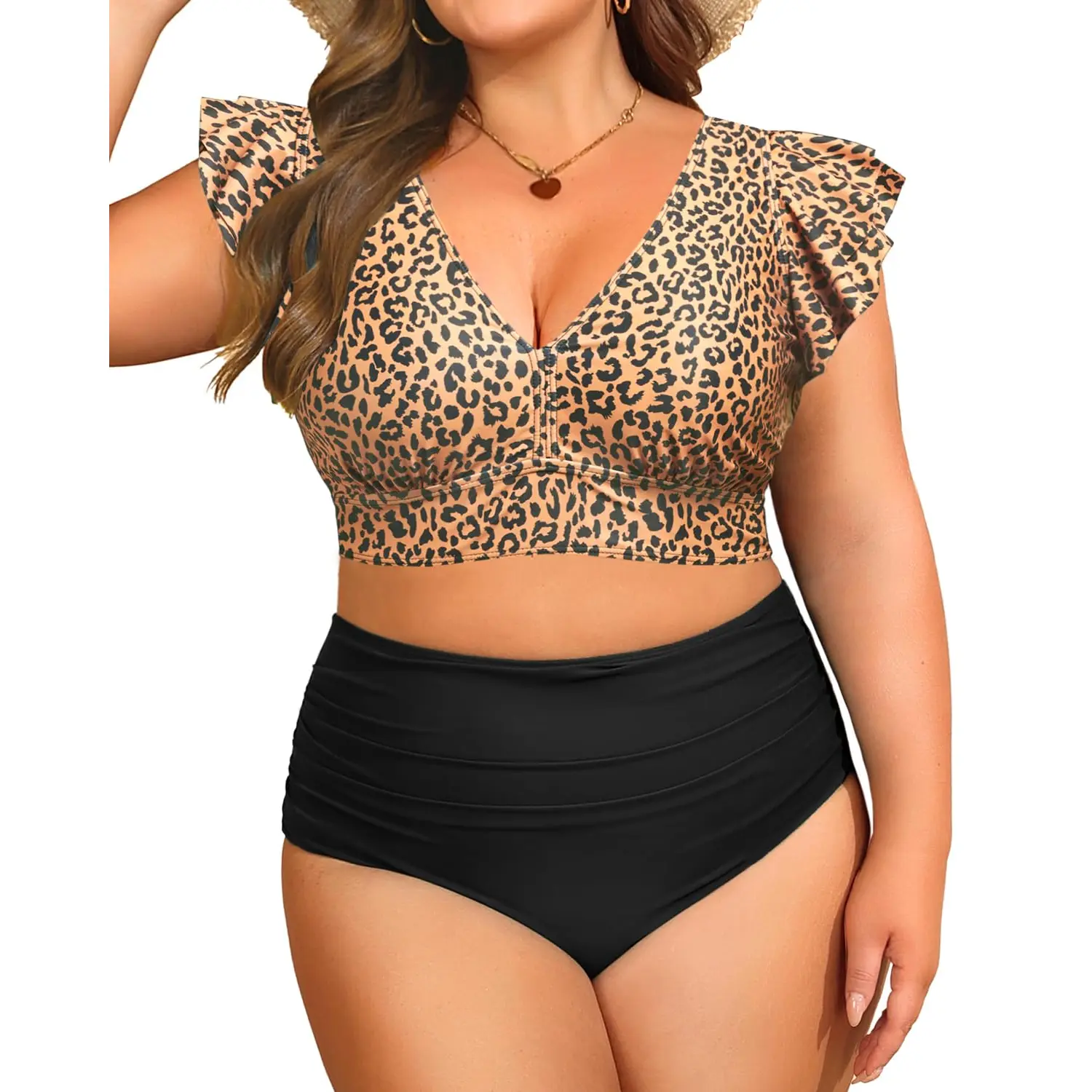 Daci Plus Size Two Piece Bikini Swimsuits - High Waisted Tummy Control Women Bathing Suits with Ruffle Sleeve Swimwear