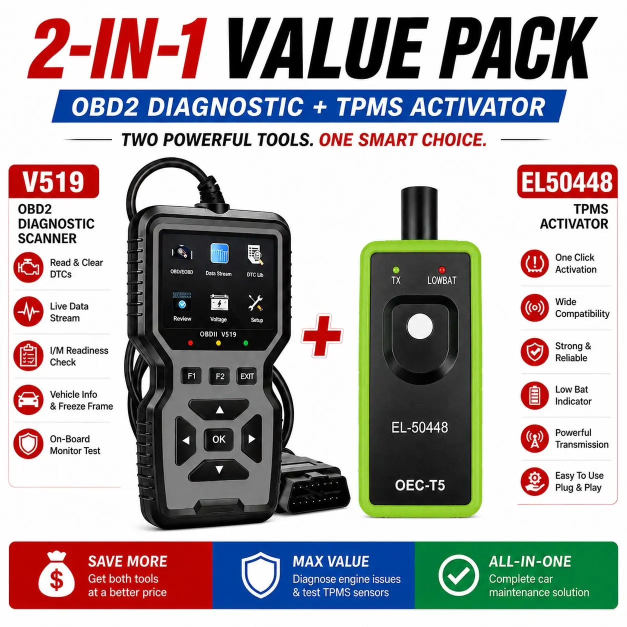 Professional Obd2 Scanner V519, El-50448 Tpms Activation Tool, Check Engine Light Reader, Battery Voltage Test for Gm Vehicles