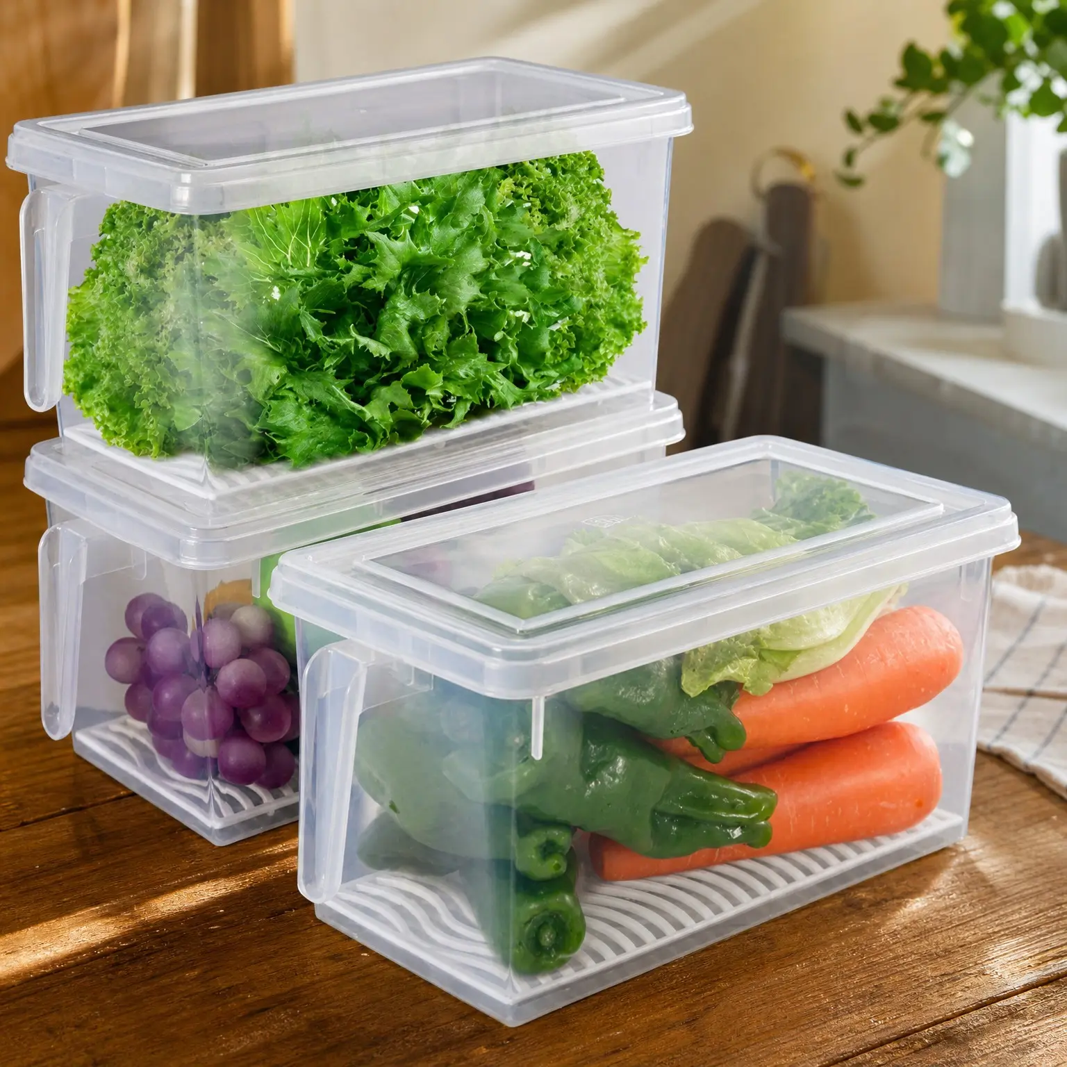 3 Pack 4.5L Lettuce Keeper for Fridge with Removable Drain Trays - Vegetable Storage Containers to Keep Veggies and Salad FreshGift