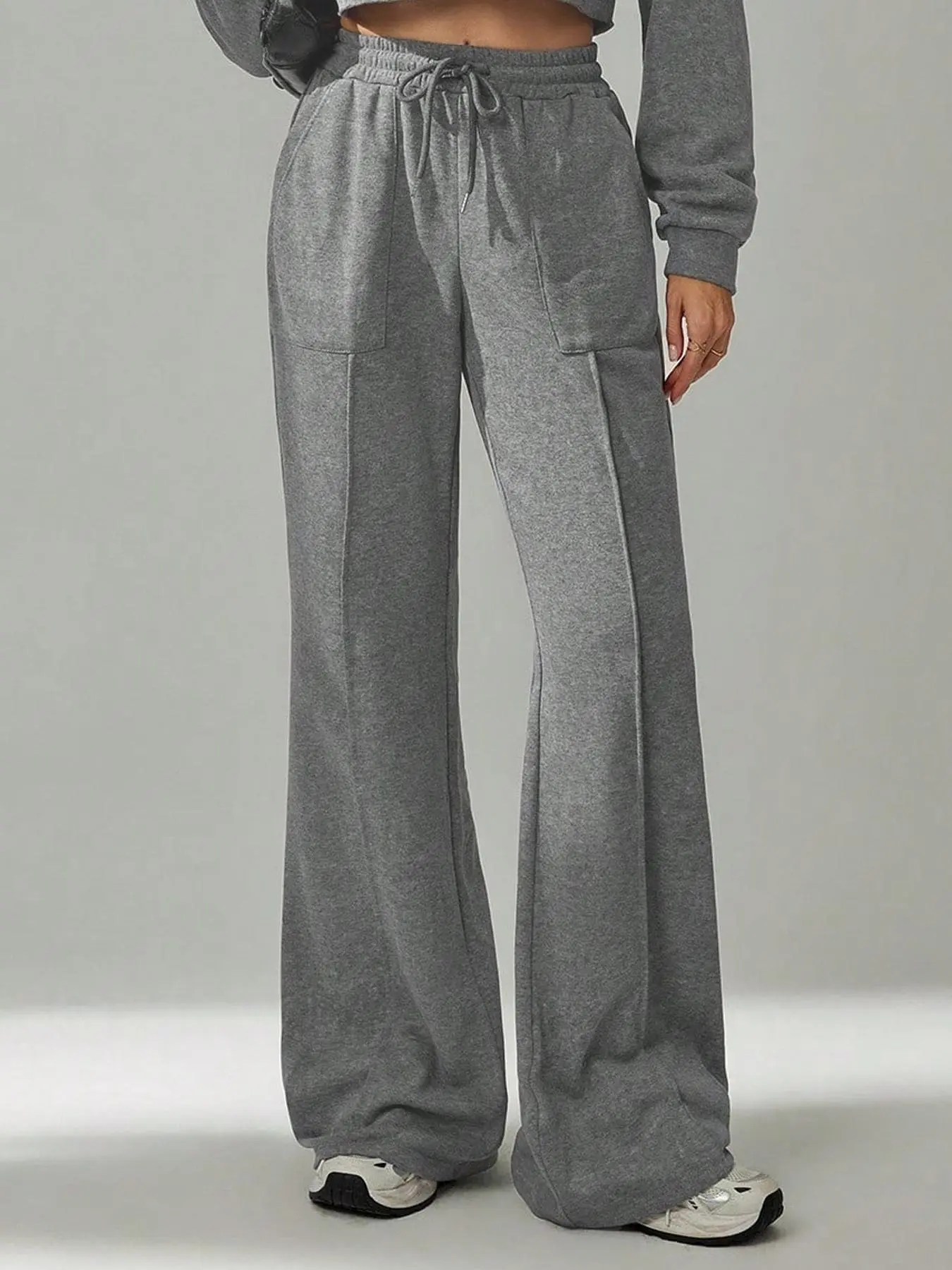 Wide Leg Drawstring Waist Pants, Loose Home Wear, Casual Micro Flare Sweatpants, Simple Daily Long Pants, Millennial Sporty Home Pants, Retro Streetwear