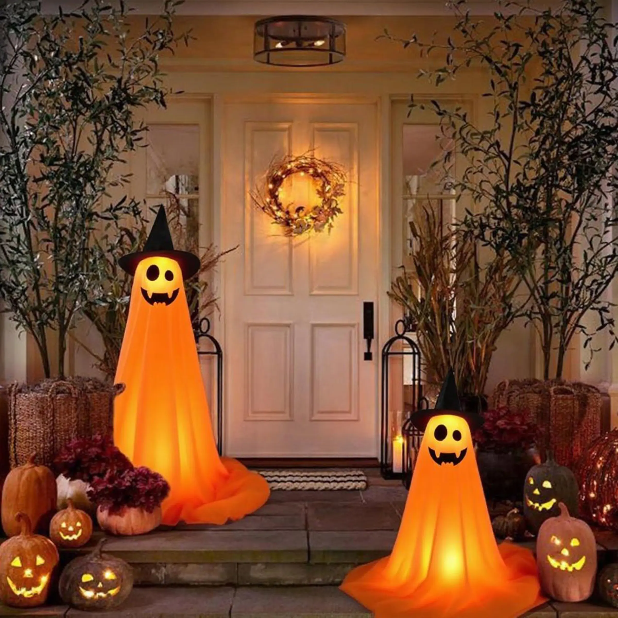 Remote Control Spooky Halloween Ghosts 2 Pack, Standing Courtyard Porch Decor, Outdoor Lawn Lights, Flashing Ghost Effect, Lightweight Stand