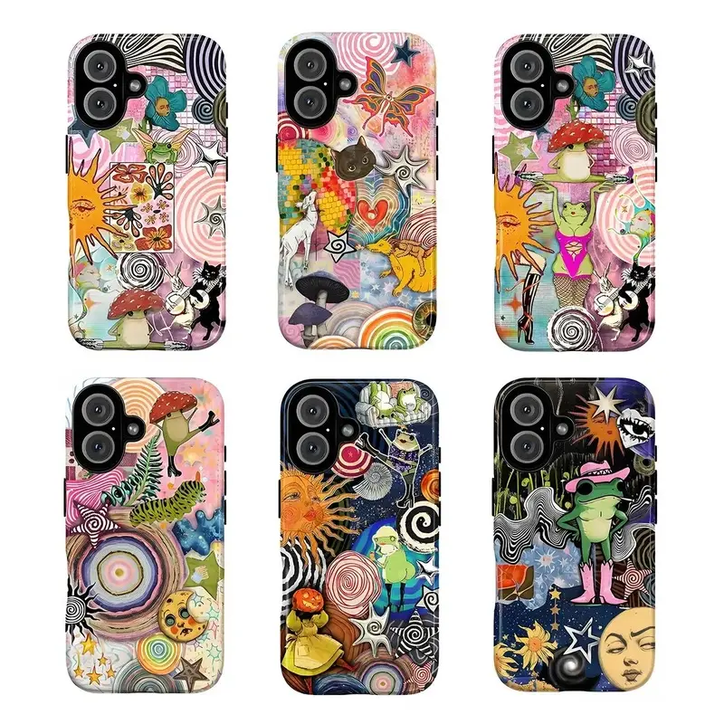 Whimsical Vibrant Vintage Collage Pattern TPU Cellphone Case - Waterproof, Shockproof Protection Casing, Skin-Feeling Cover for iPhone 11-17, Galaxy S21-S25, Trippy Design (Sun, Mushrooms, Dancing Animals, Frogs) with Accessories