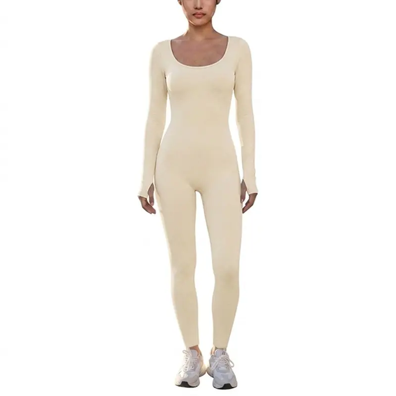 Women's Ribbed Square Neck Casual Jumpsuit with Long Sleeves for Daily Outfits and Light Exercise