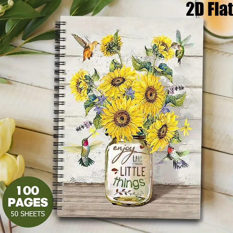 1 Spiral Bound Notebook 5.7x8.26 Inch, Sunflower Hummingbird Design, Lined Pages, Durable Coil Binding, Daily Journal for Home Office School, Travel Camping Adventure Log, Birthday Thanksgiving Gift for Nature Lovers [2D] Flat