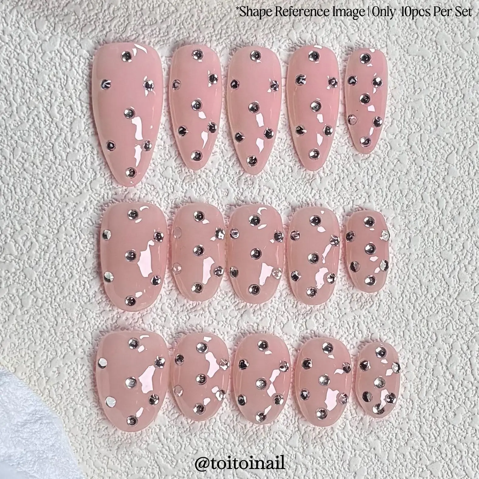 Nude Bling Press On Nails | Medium Almond/Short Oval/Extra Short Oval,10pcs Handmade glossy natural nude pink nails with scattered silver rhinestone accents,elegant minimalist bridal daily reusable acrylic fake nails