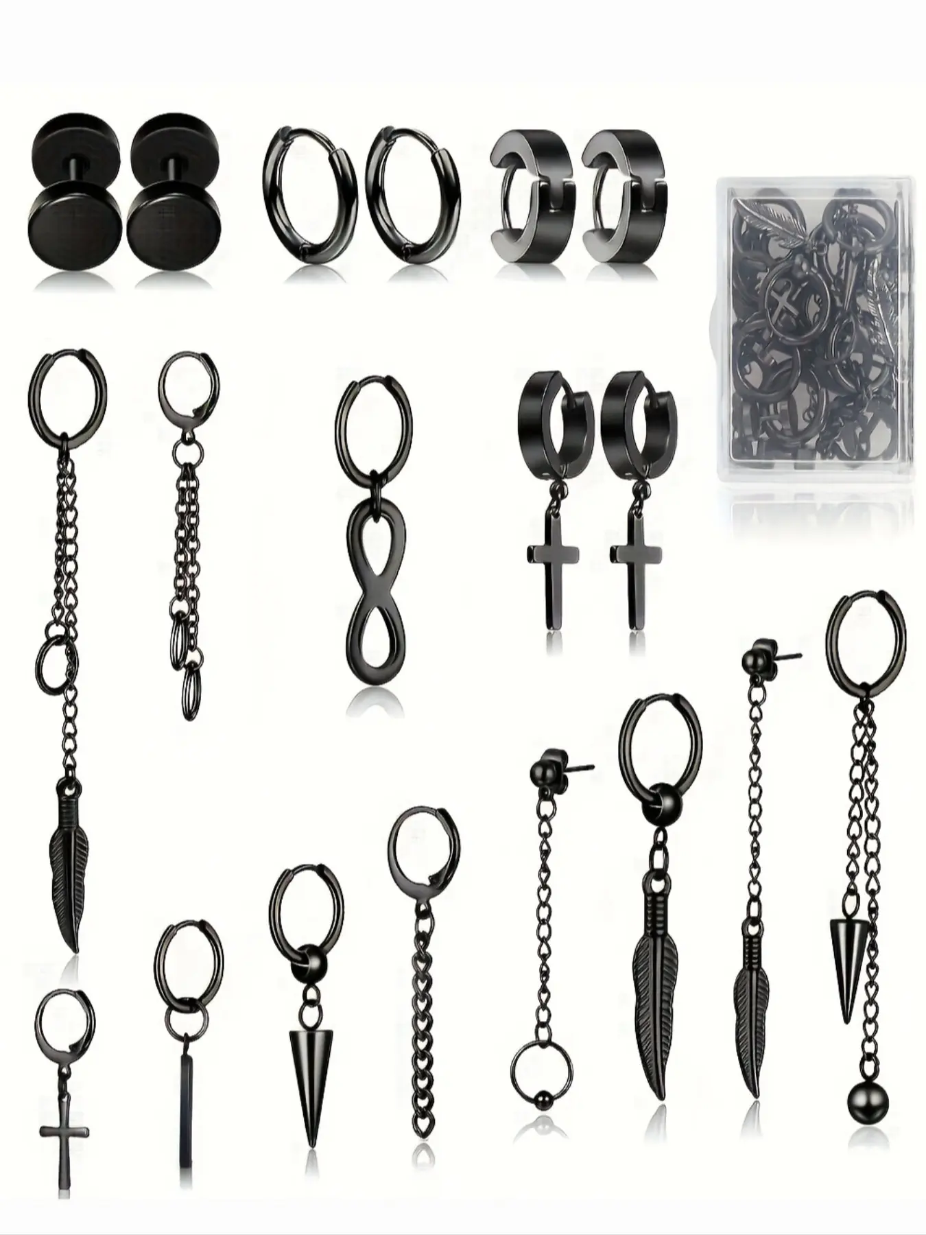 Black Cross Dangle Earrings for Men , Stainless Steel Stud Hinged Hoop Earrings, Long Chain Kpop Earrings for Women