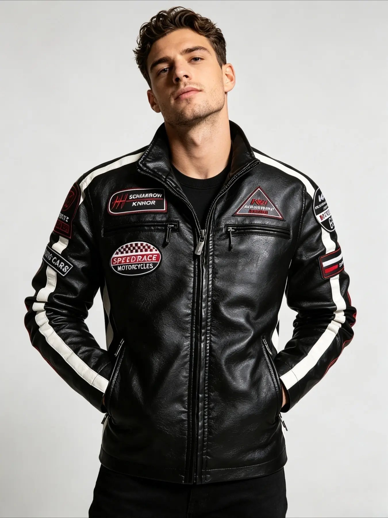 1pc Men's Retro Style Long-Sleeved Zipper Motorcycle Jacket, featuring a stand-up collar, zipper pockets and label decoration. A trendy PU jacket with a fleece lining, suitable for outdoor wear.