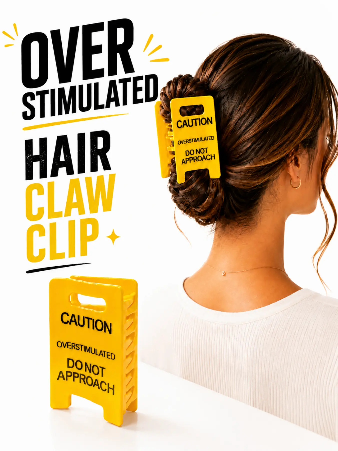 Overstimulated Caution Sign Hair Claw Clip for Women, Funny Setting Boundaries Acrylic Hair Clip, Large Novelty Hair Accessory for All Hair Types, Fashion Hair Accessories, Available in Pink Yellow Purple Red