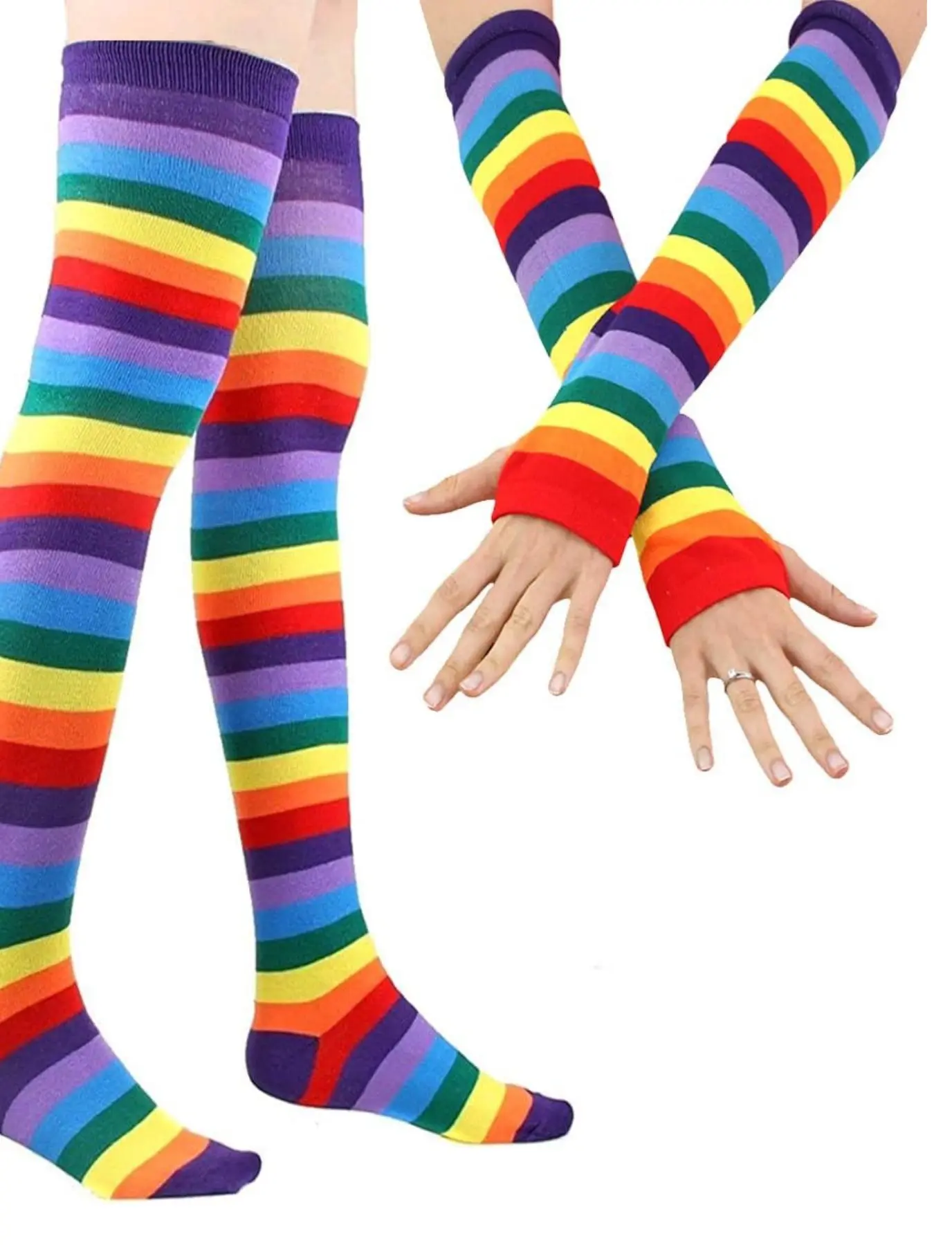 1Pair Rainbow Striped Thigh High Socks & 1Pair Fingerless Arm Warmers, Matching Cotton Cosplay Costume Accessories, Casual Plain Design, All Seasons