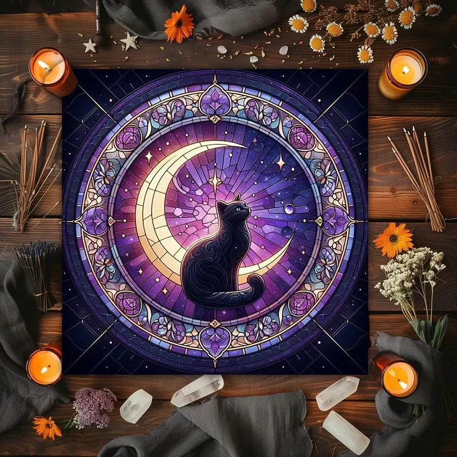 1PC Stained Table Cloth Black Cat Crescent Moon Tarot Cloth Mystical Witchy Altar Cloth Divination Oracle Card Reading Mat Spiritual Home Decor