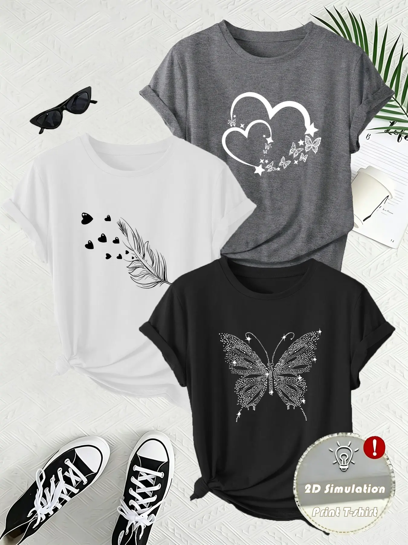 Women's 3-Pack Round Neck Short Sleeve T-Shirts, Geometric Print, Butterfly Print, Slim Fit, Soft Stretch Fabric, Casual All-Season Wear