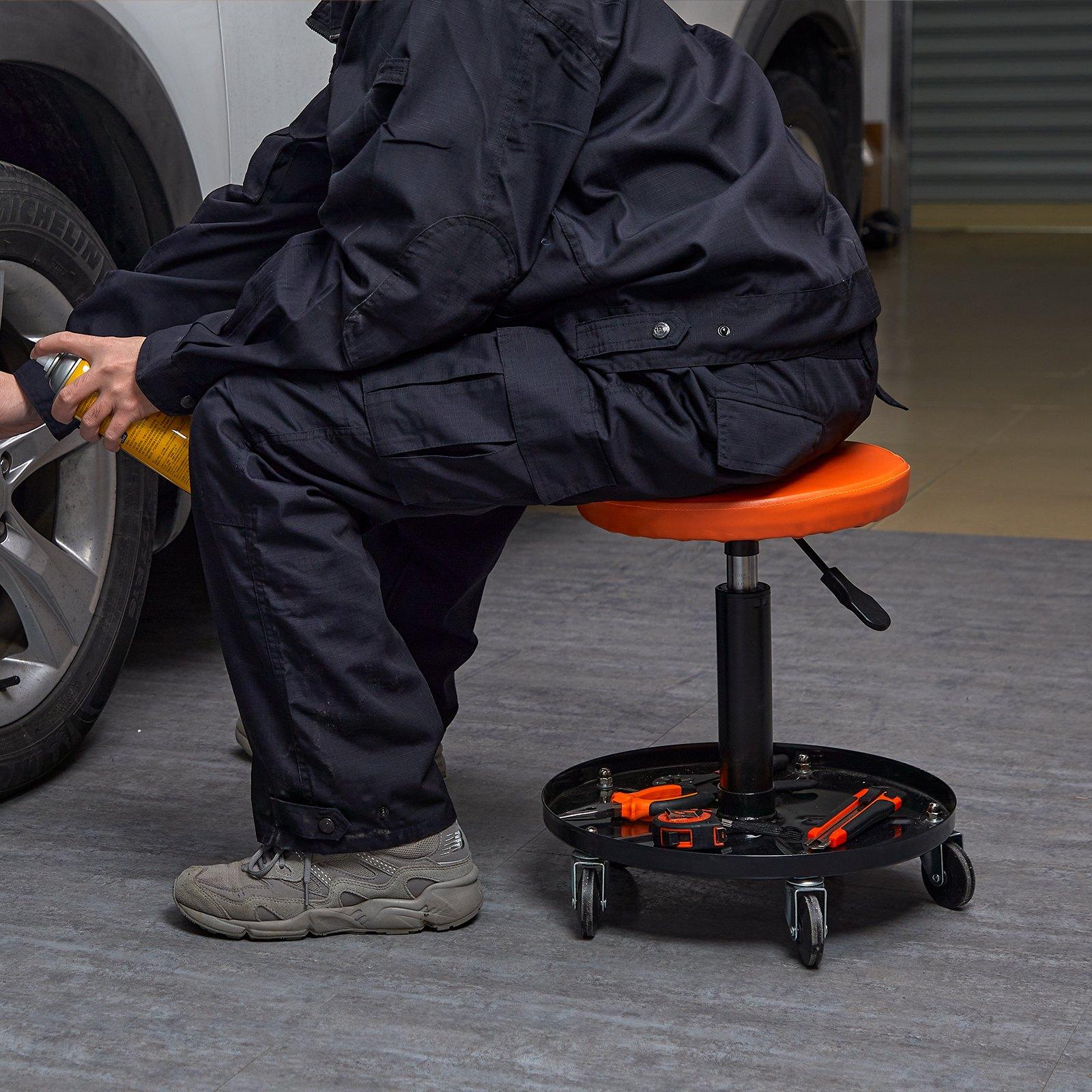 VEVOR Mechanic Stool, 250 LBS Rolling Pneumatic Creeper Garage/Shop Seat, Adjustable Height 22 in-28 in Padded Rolling Workshop Stool with Tool Tray, for Garage, Shop, Auto Repair, Black+Orange VEVOR Mechanic Stool, 250 LBS Rolling Pneumatic Creeper Garage/Shop Seat, Adjustable Height 22 in-28 in Padded Rolling Workshop Stool with Tool Tray, for Garage, Shop, Auto Repair, Black+Orange