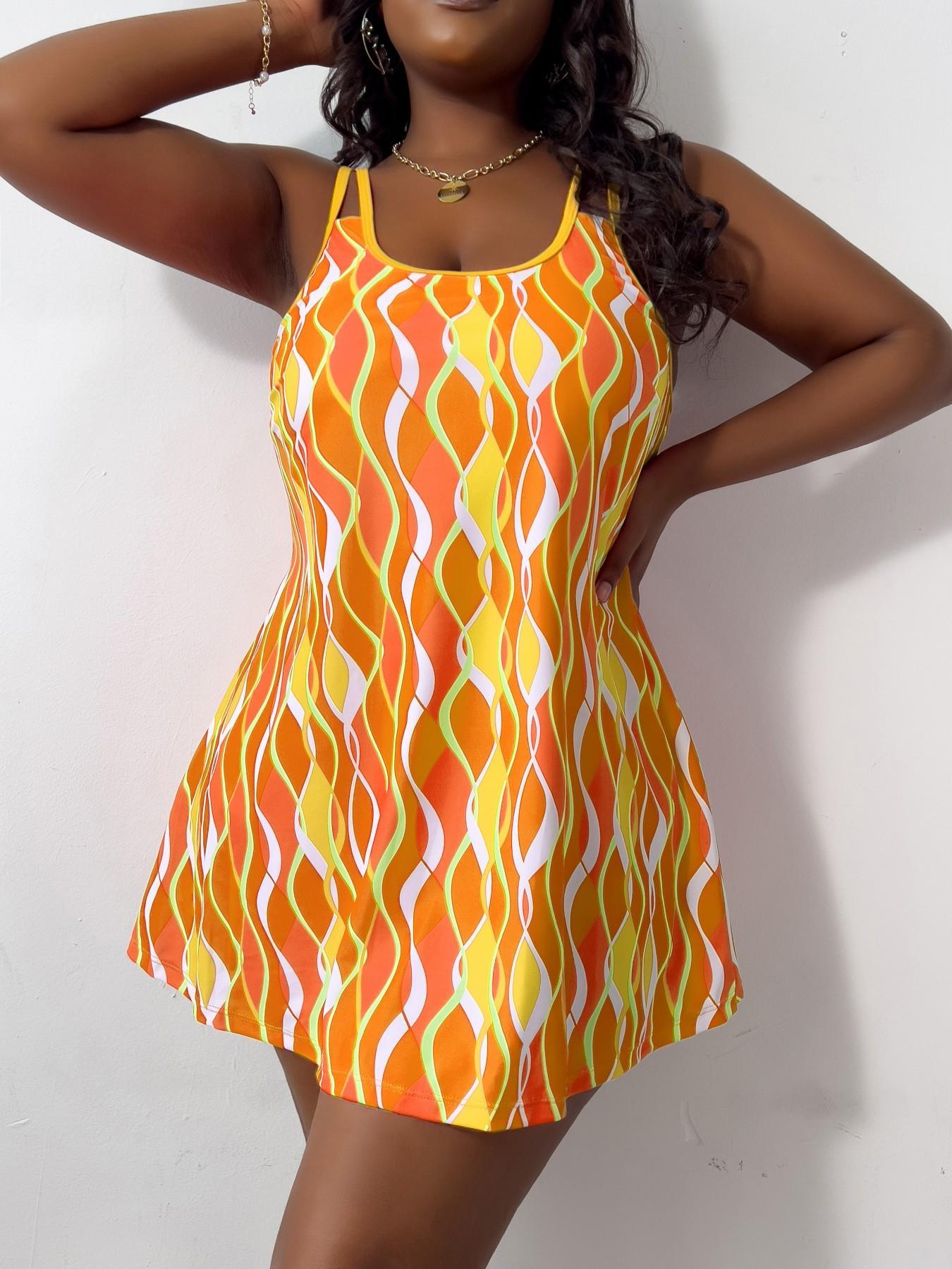 Plus Size Colorful Wave Striped Print Tankinis Set, Adjustable Strap Backless Scoop Neck Swim Top & Swim Shorts, Fashion Casual Ladies Swimsuit for Summer