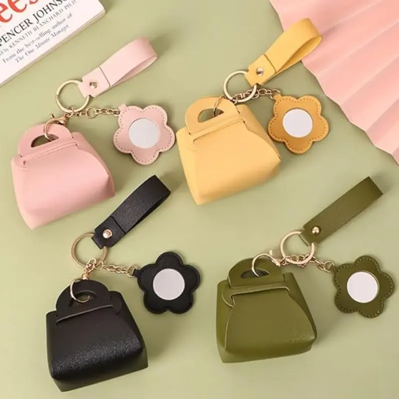 4PCS Y2K Mini PU Keychain Wallets! Flower Mirror + Lipstick/Perfume Holder, Cute Kawaii Accessory for Y2K Fans (Travel Essential!)