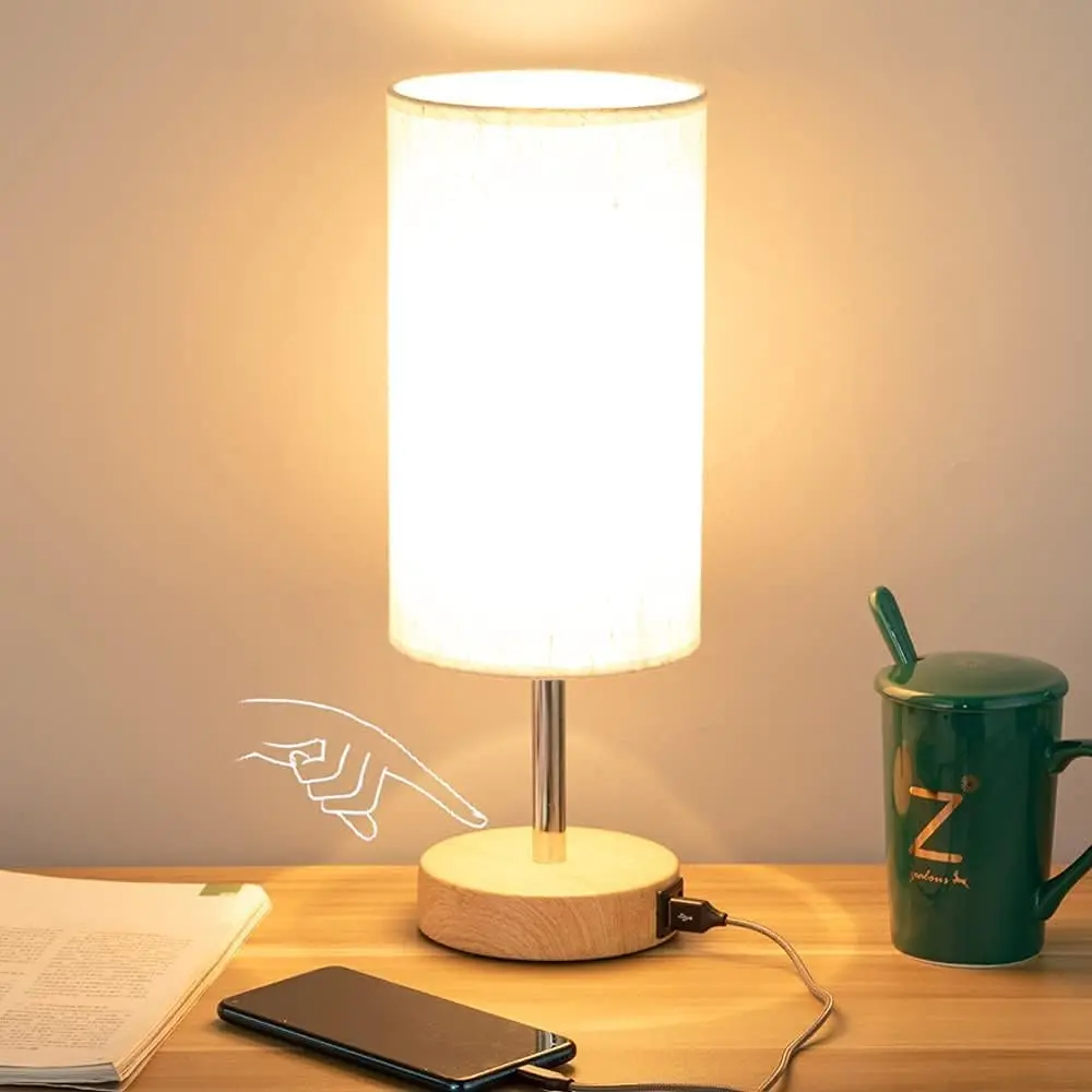 Corded Power Bedside Table Lamp - Touch Control, 3-Way Dimmer, Round Fabric Shade, USB Ports, Single Unit for Bedroom Lighting, Living Room (Corded Electric, No Battery) | Home Supplies Lamps, Lights for Bedroom