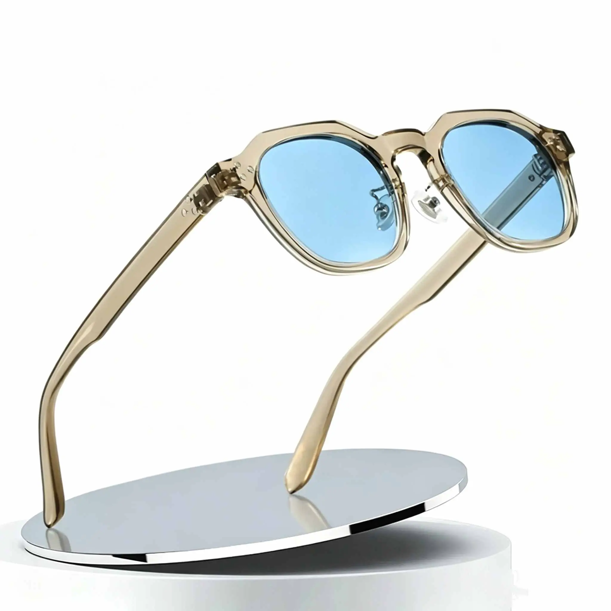 Unisex Semi Rimless Edgeless Polarized Sunglasses, Large Natural Material Frame UV Protection Sport Fashion Eyewear For Daily Outdoor Wear