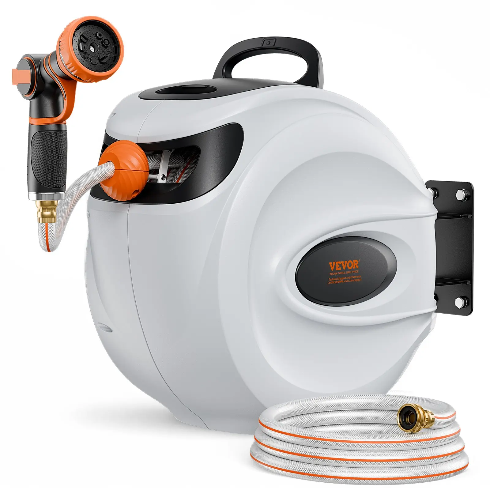 VEVOR Retractable Hose Reel, 100 ftx 1/2 inch, 180 Swivel Bracket Wall-Mounted, Garden Water Hose Reel with 9-Pattern Nozzle, Automatic Rewind, Lock at Any Length, and Slow Return System