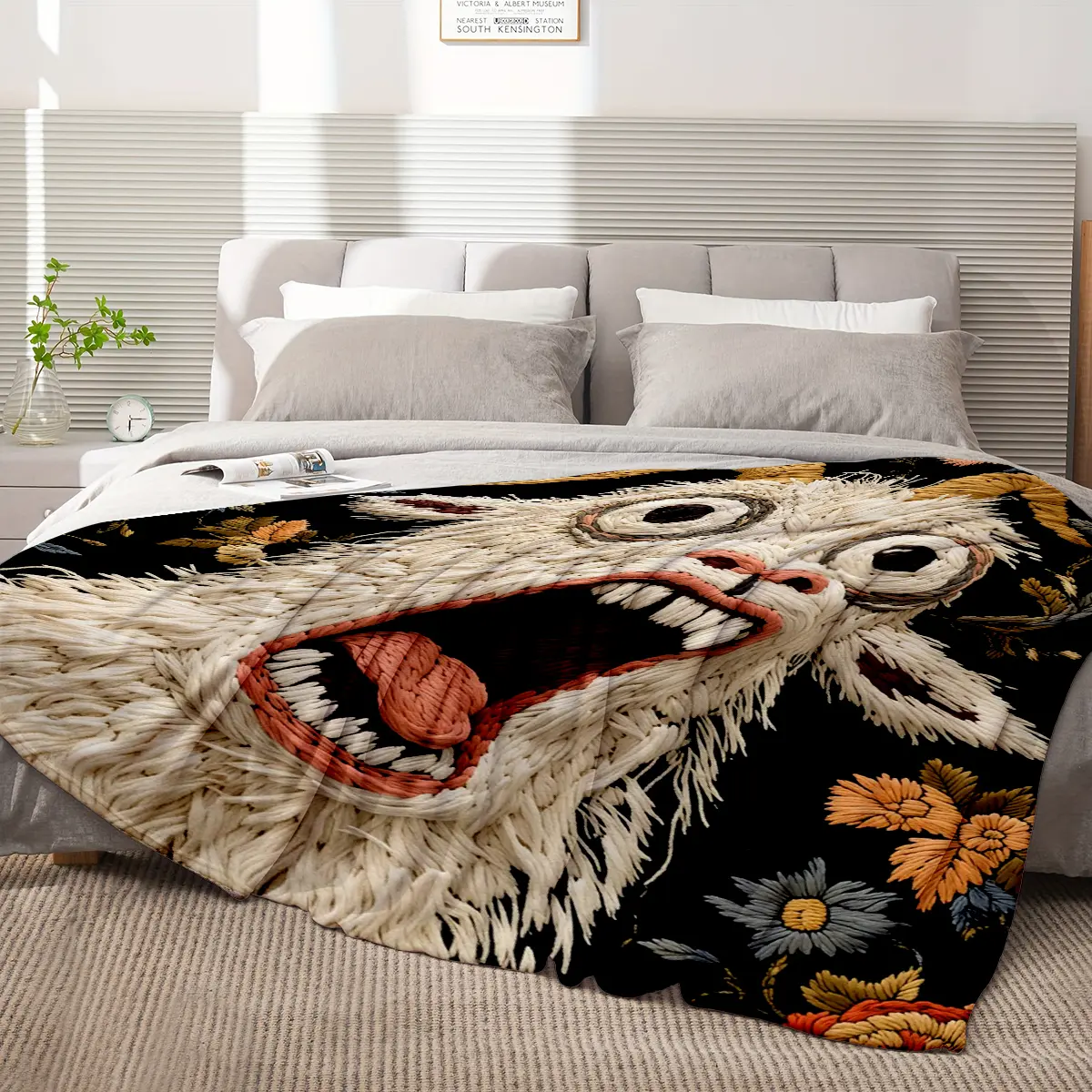 1PC Black Background Realistic Thick Thread Embroidery Screaming Goat Vintage Floral Flannel Blanket,  Weird Funny Animal Embroidery Fan Nap Cover For Sofa Office, All Season Retro Dark Textured Decor Bed Throw