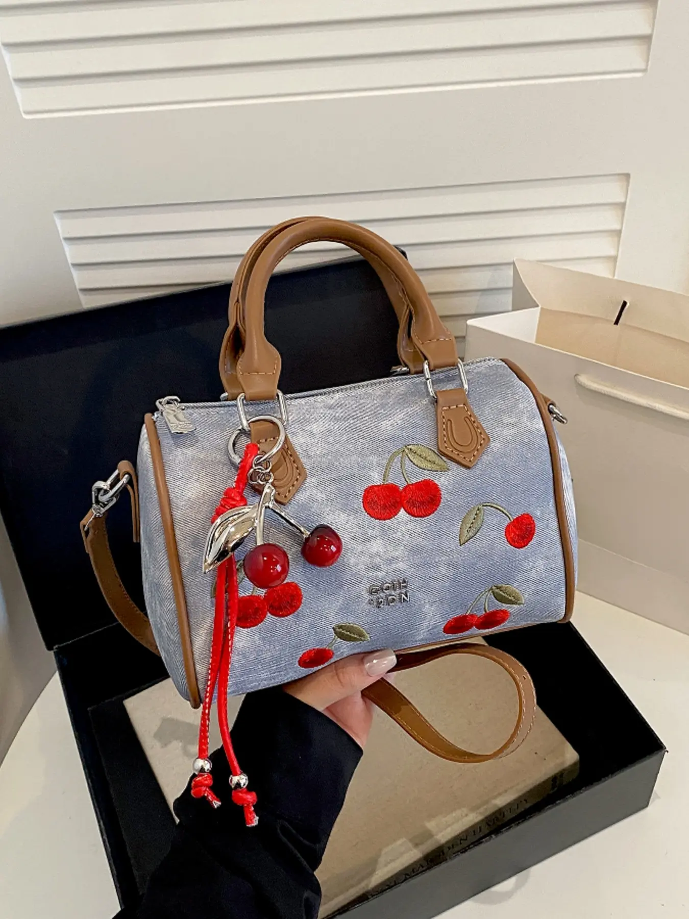 Cute denim cherry embroidered mini handbag, detachable crossbody strap sweet girls cylindrical small bag, with cherry pendant, dating daily outfit trendy shoulder bag