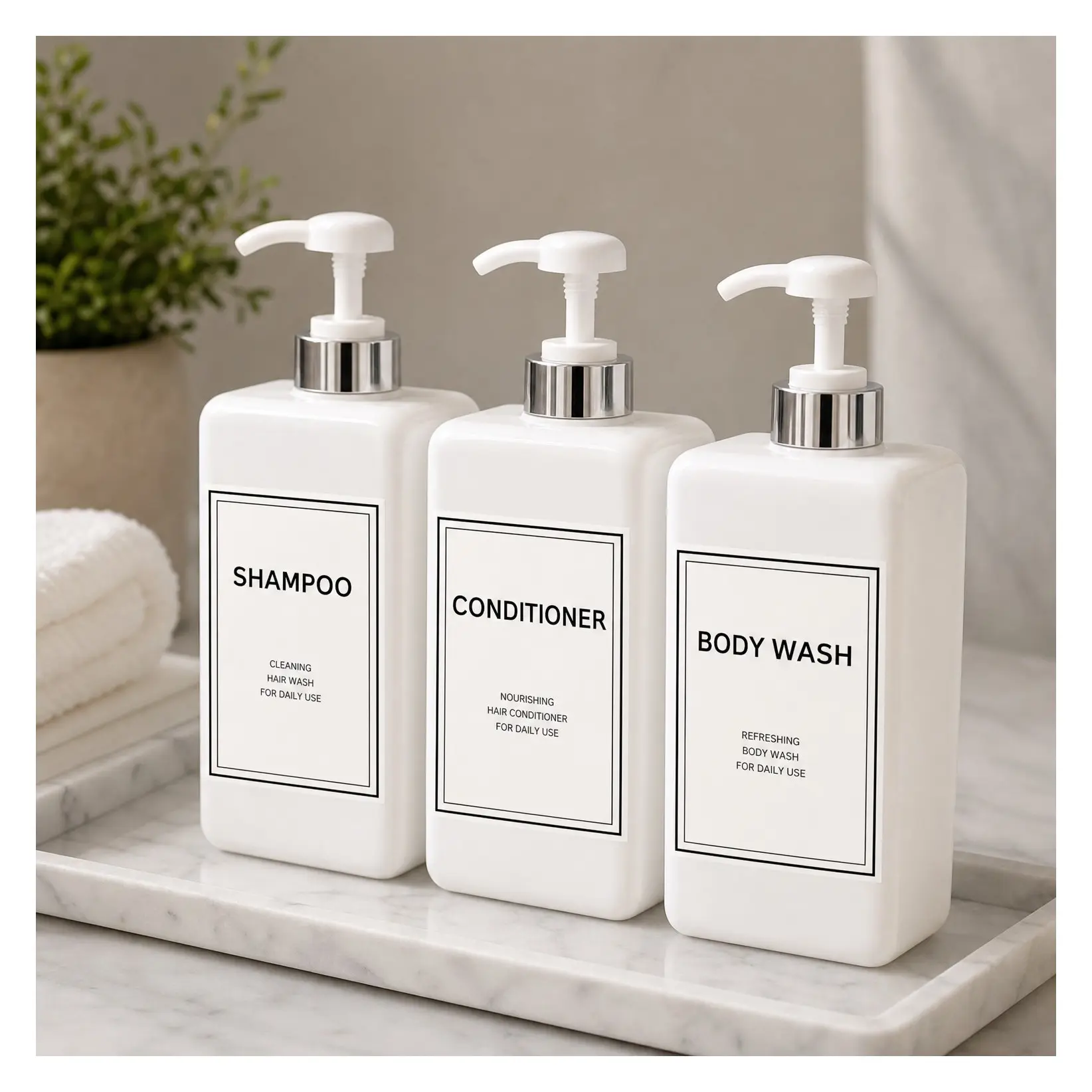 21 oz Refillable Shampoo and Conditioner Dispenser Pump Bottles, Pack of 3, Empty Plastic Shower Bottles for Bathroom Body Wash Soap, Silver & WhiteGift