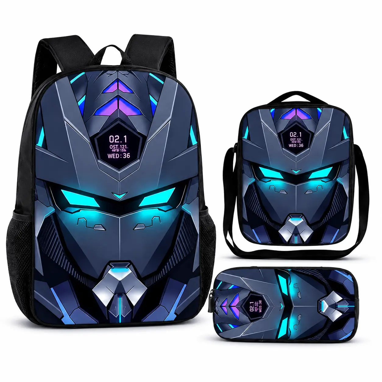 3PCS Robot Mecha Backpack Set - Full Print Robot Mask Futuristic Armor Graphic Bag with Matching Lunch Bag, Pencil Case, Side Pockets, Lightweight Student Bookbag for Boys, Gamer Style School/Travel Daypack, 2026 Back to School Gift