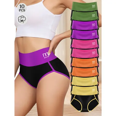QUASTI Women's High-Waisted Contrasting Stripe Print Panties (10pcs/5 Colors) - Elastane Cotton Blend, Breathable Stretchy Sporty, Simple Cut, Full Coverage, Tummy-Smoothing & Supporting, Foldable, Fit, S-XXL, Cotton Underwear for Women